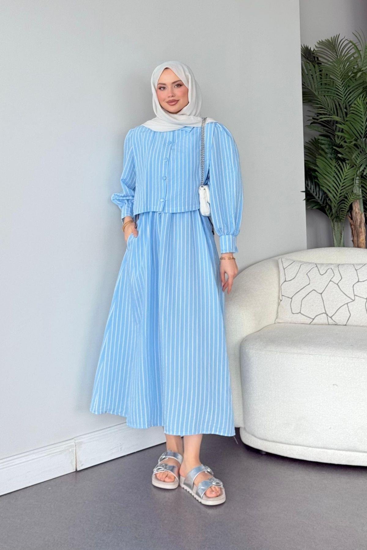 Malibu Çizgili Elbise Mavi, Fiyatları Atina Keten Elbise Mavi- Haza Moda