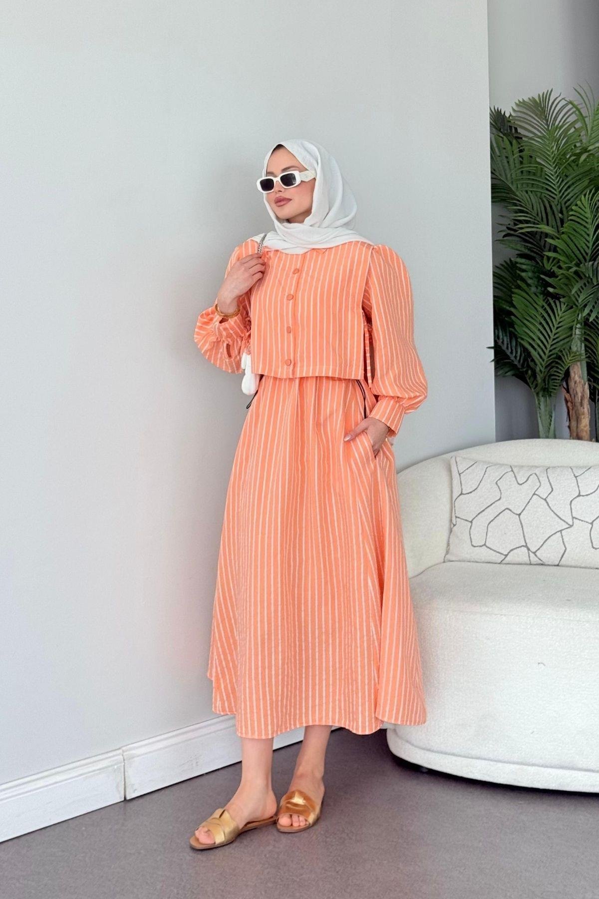 Malibu Çizgili Elbise Turuncu, Fiyatları Atina Keten Elbise Turuncu- Haza Moda