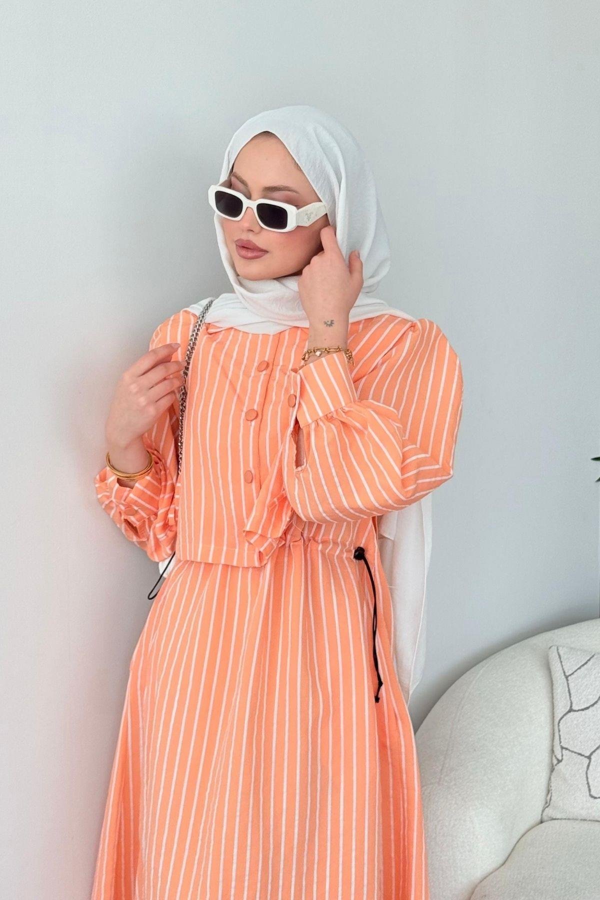 Malibu Çizgili Elbise Turuncu, Fiyatları Atina Keten Elbise Turuncu- Haza Moda