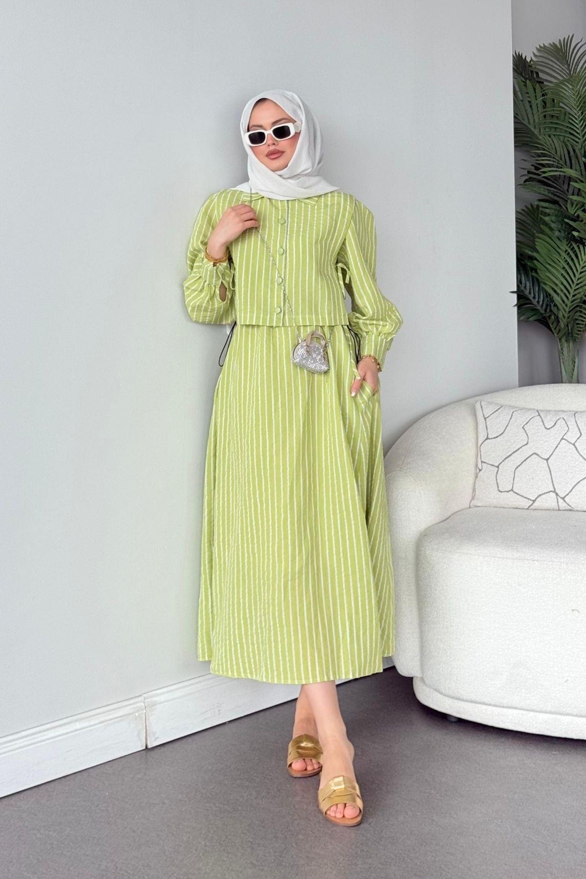 Malibu Çizgili Elbise Yeşil, Fiyatları Atina Keten Elbise Yeşil- Haza Moda