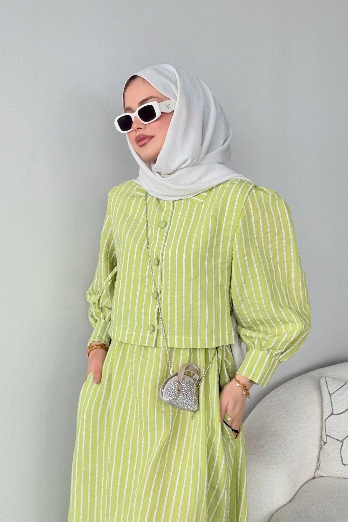 Malibu Çizgili Elbise Yeşil, Fiyatları Atina Keten Elbise Yeşil- Haza Moda