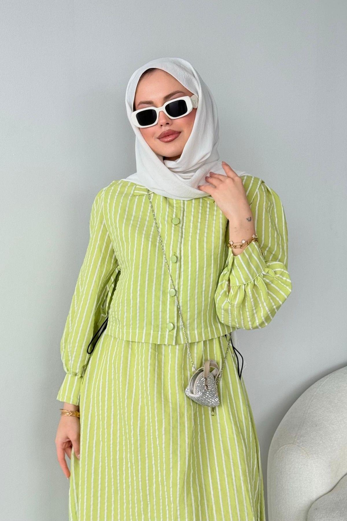 Malibu Çizgili Elbise Yeşil, Fiyatları Atina Keten Elbise Yeşil- Haza Moda