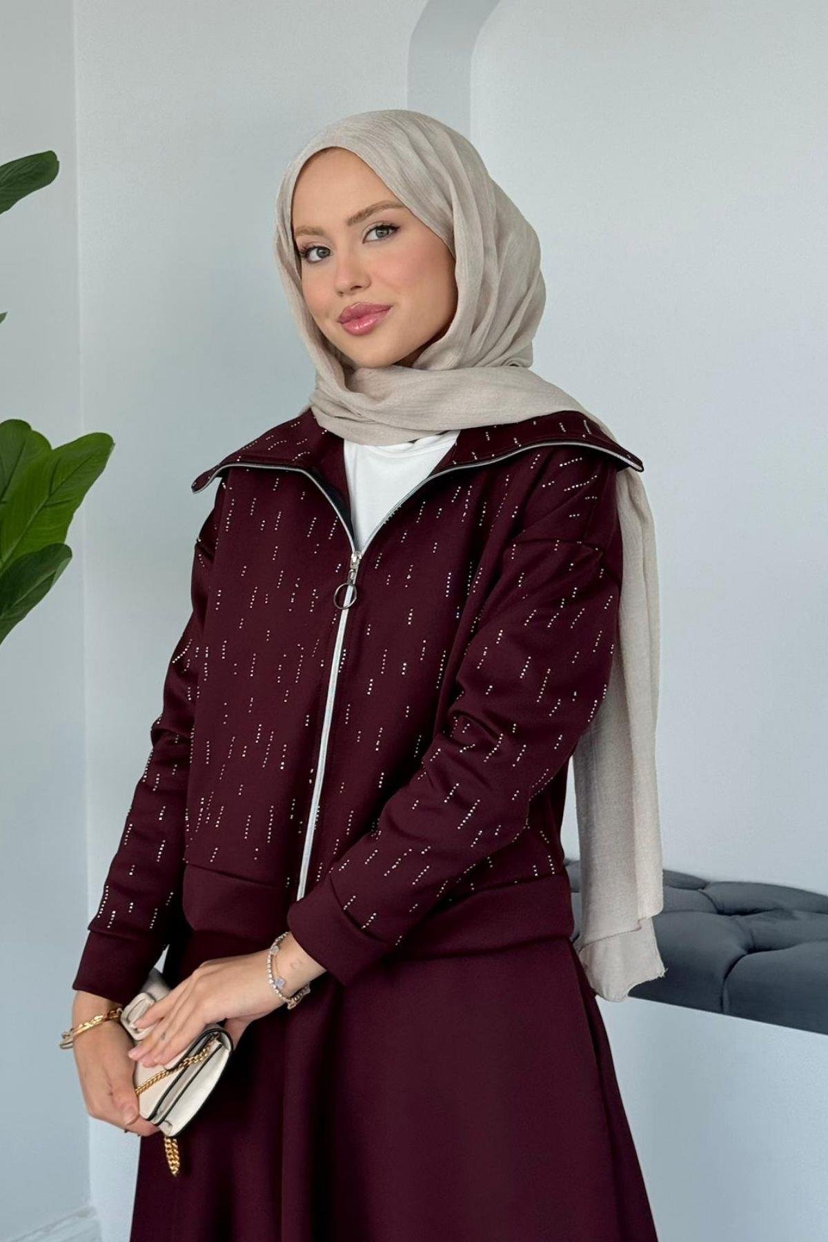 Maya Taşlı Etekli Takım Bordo, Fiyatları Maya Taşlı Etekli Takım Bordo Haza Moda 