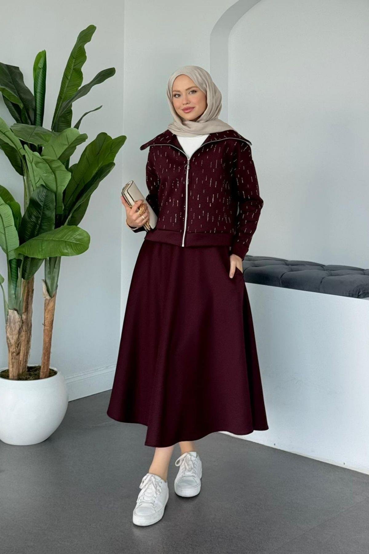 Maya Taşlı Etekli Takım Bordo, Fiyatları Maya Taşlı Etekli Takım Bordo Haza Moda 