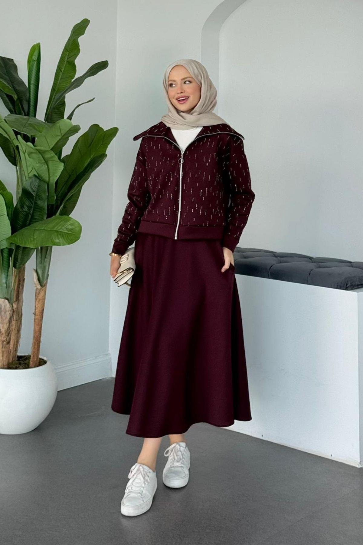 Maya Taşlı Etekli Takım Bordo, Fiyatları Maya Taşlı Etekli Takım Bordo Haza Moda 