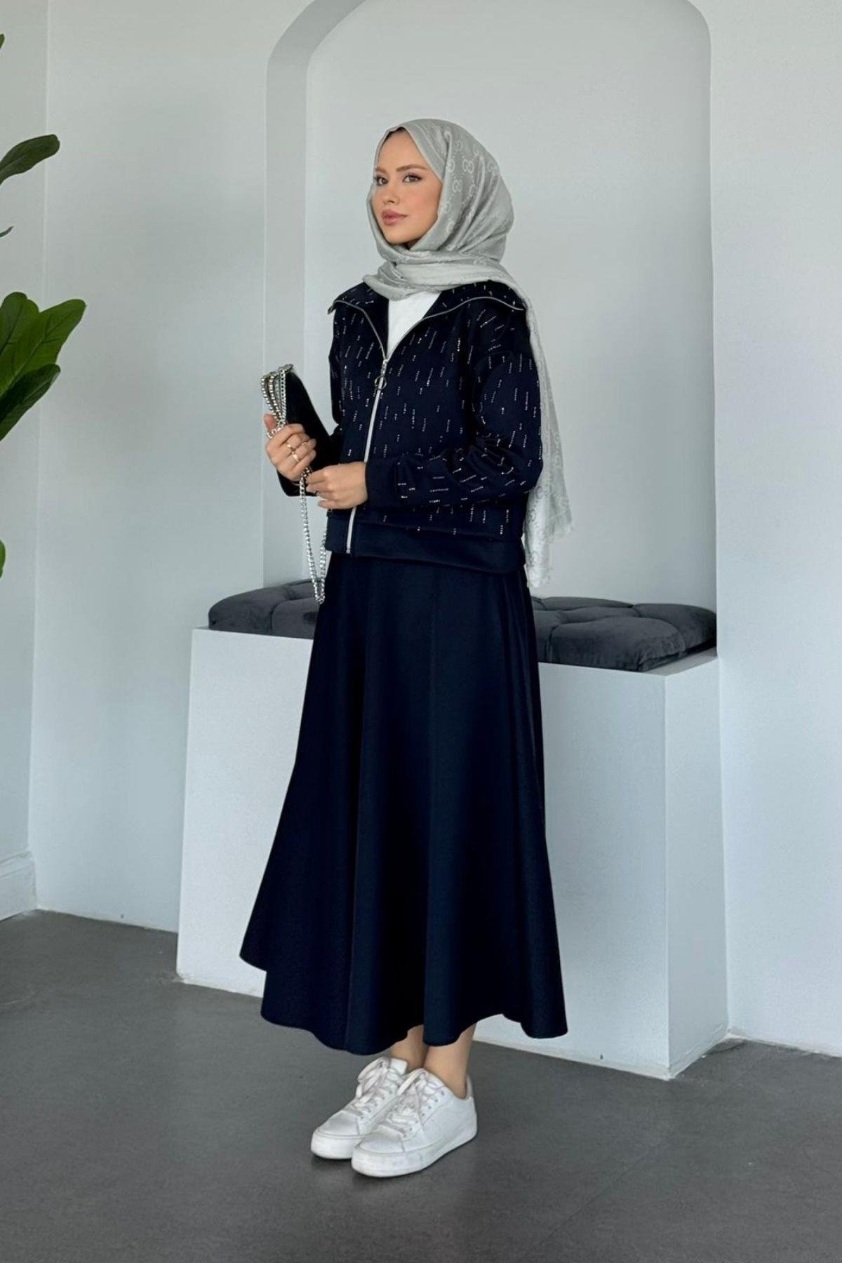 Maya Taşlı Etekli Takım Lacivert, Fiyatları Maya Taşlı Etekli Takım Lacivert Haza Moda 