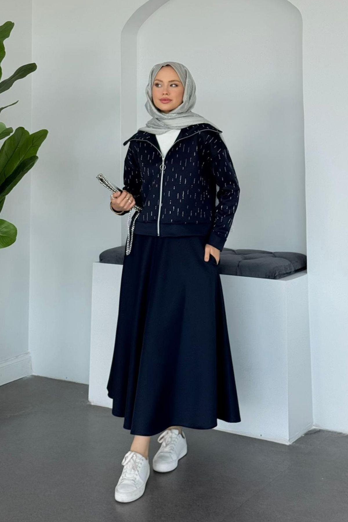 Maya Taşlı Etekli Takım Lacivert, Fiyatları Maya Taşlı Etekli Takım Lacivert Haza Moda 