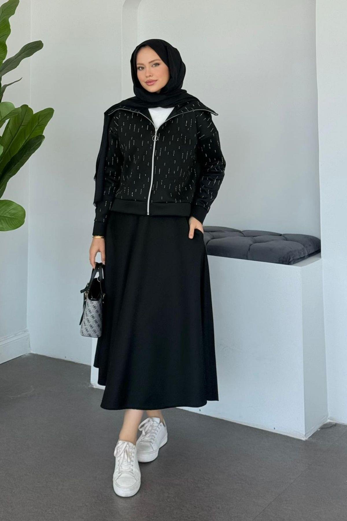 Maya Taşlı Etekli Takım Siyah, Fiyatları Maya Taşlı Etekli Takım Siyah Haza Moda 