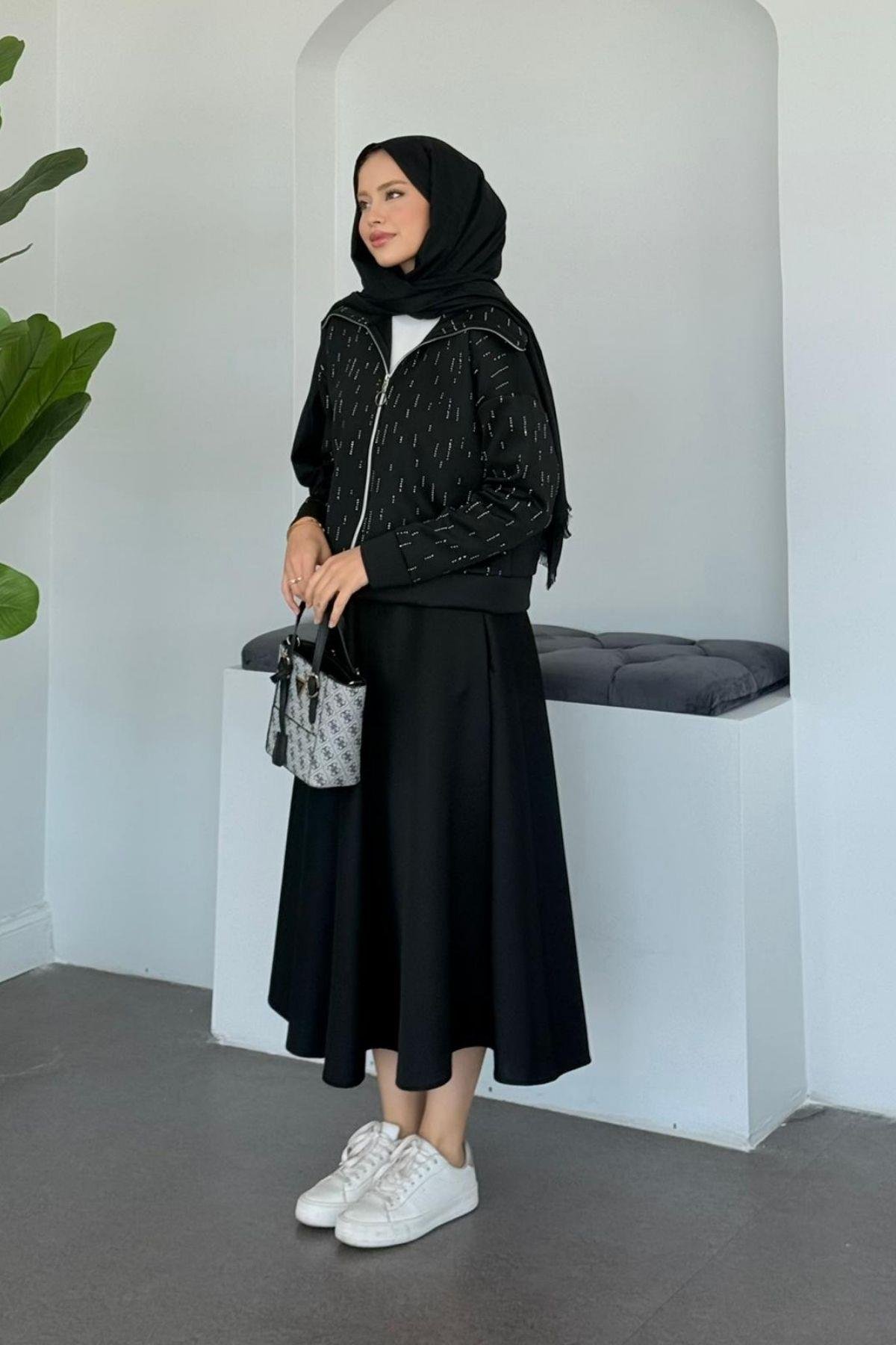 Maya Taşlı Etekli Takım Siyah, Fiyatları Maya Taşlı Etekli Takım Siyah Haza Moda 