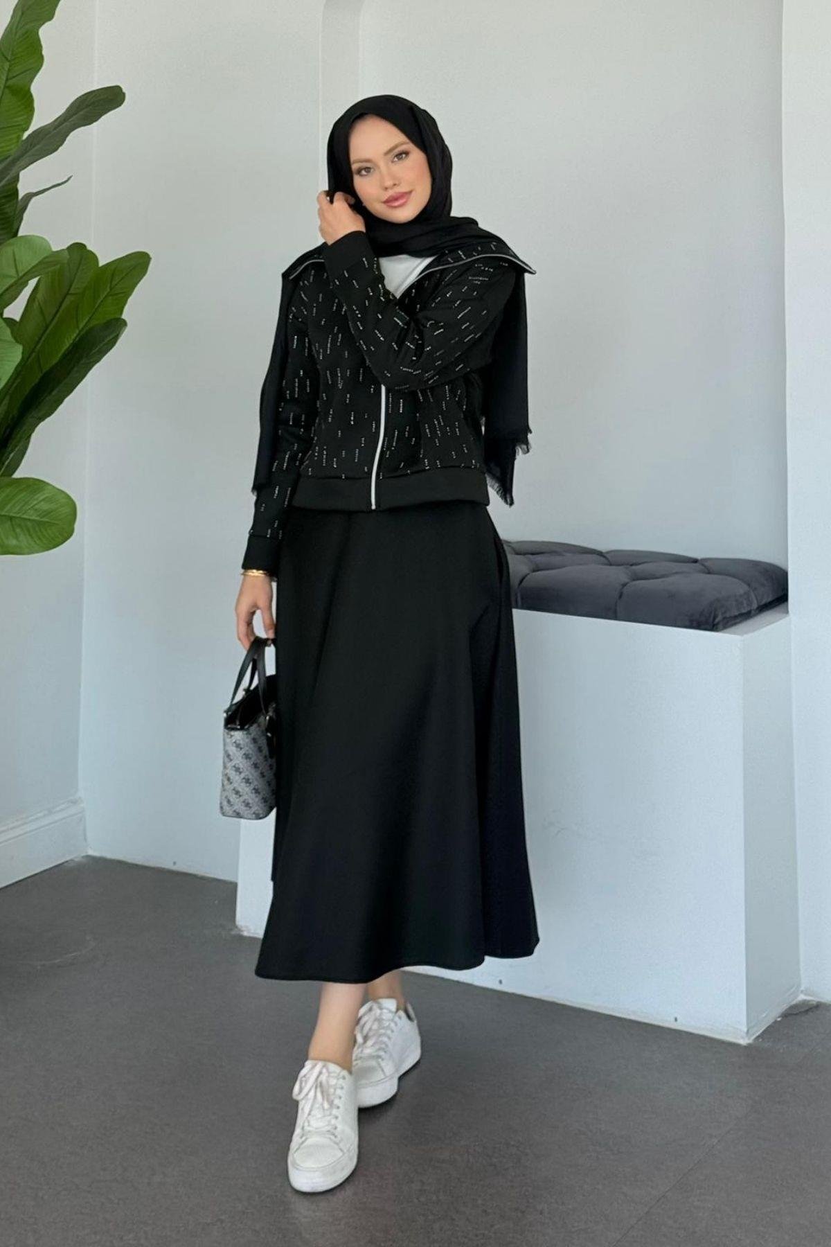 Maya Taşlı Etekli Takım Siyah, Fiyatları Maya Taşlı Etekli Takım Siyah Haza Moda 