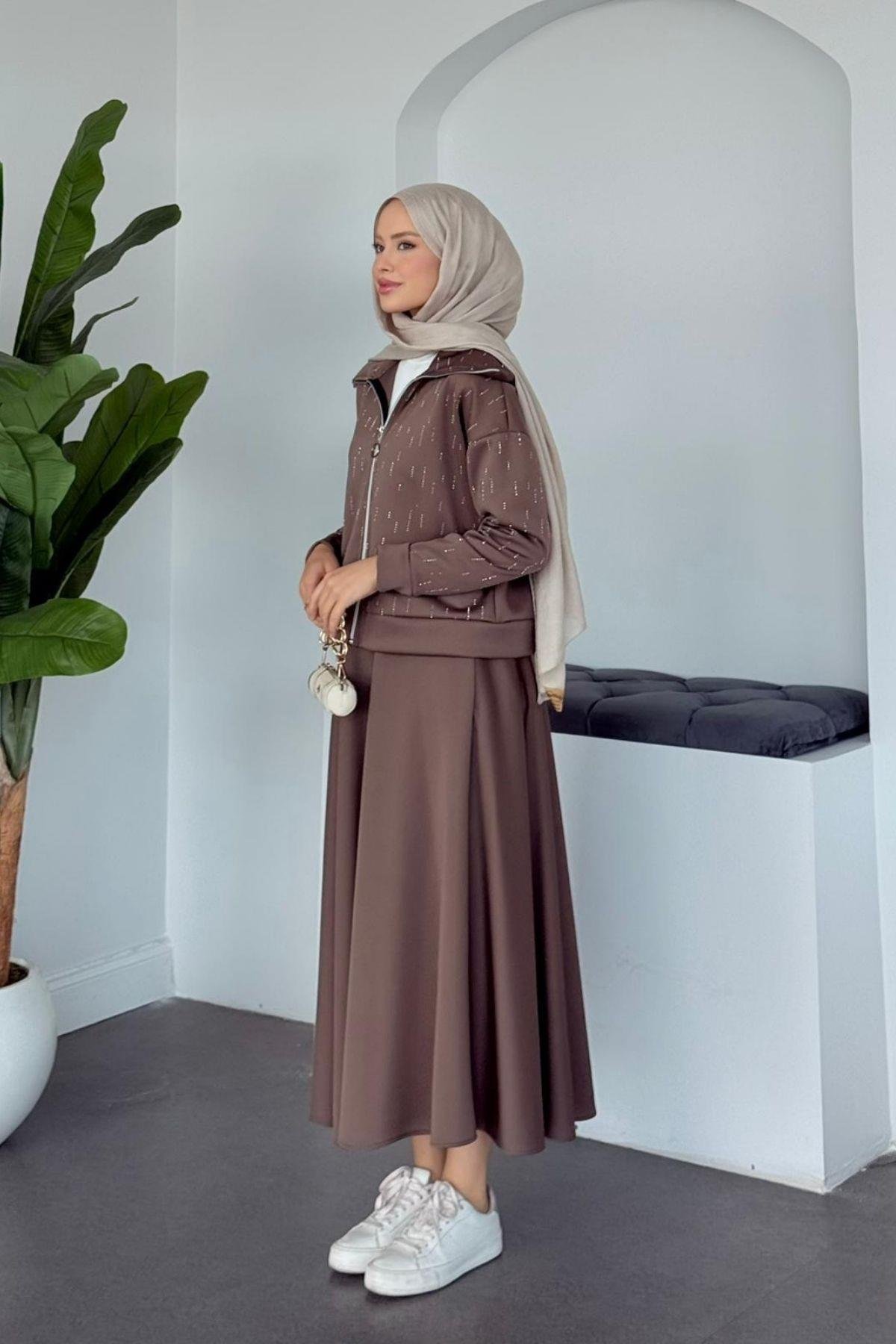 Maya Taşlı Etekli Takım Vizon, Fiyatları Maya Taşlı Etekli Takım Vizon Haza Moda 