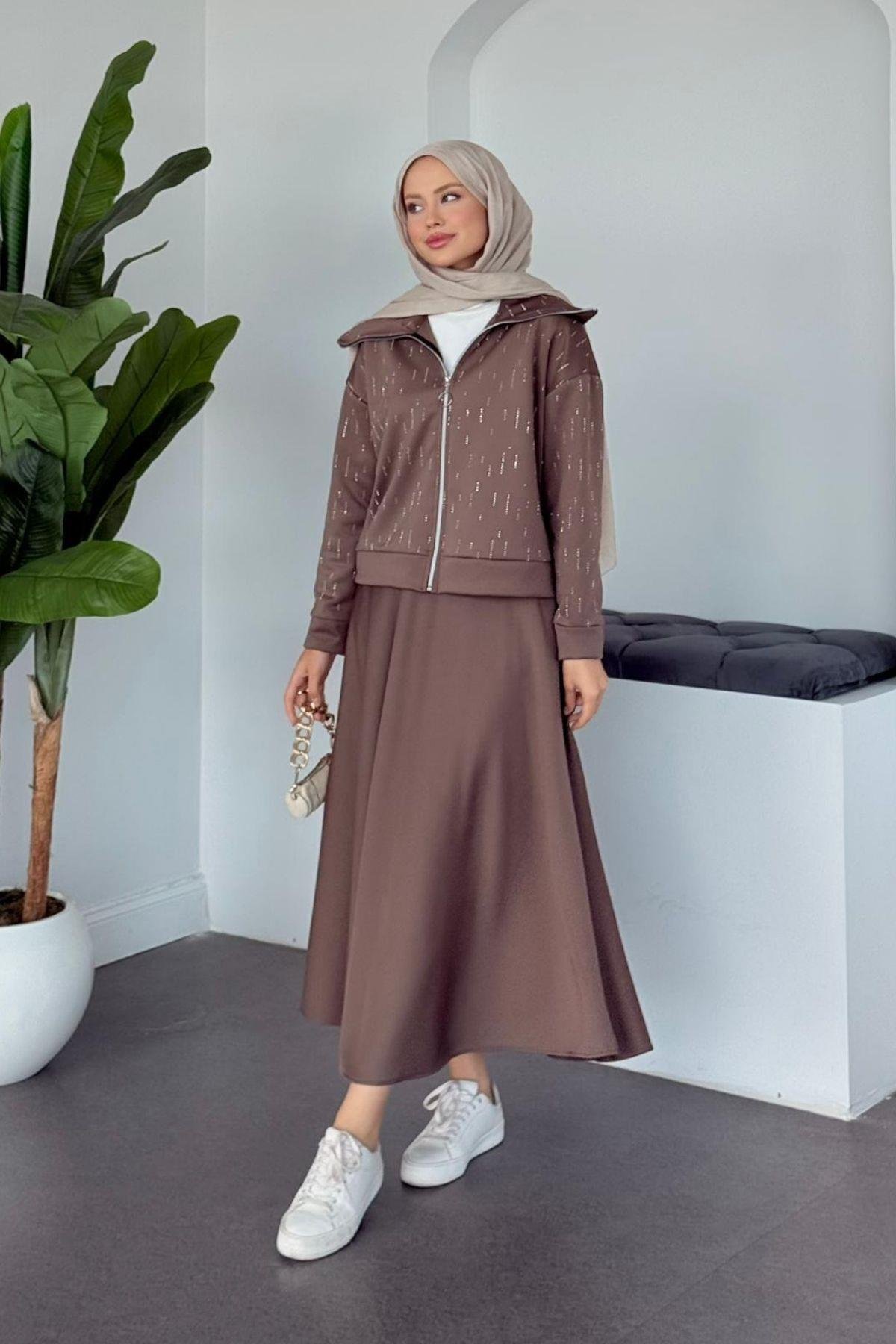 Maya Taşlı Etekli Takım Vizon, Fiyatları Maya Taşlı Etekli Takım Vizon Haza Moda 