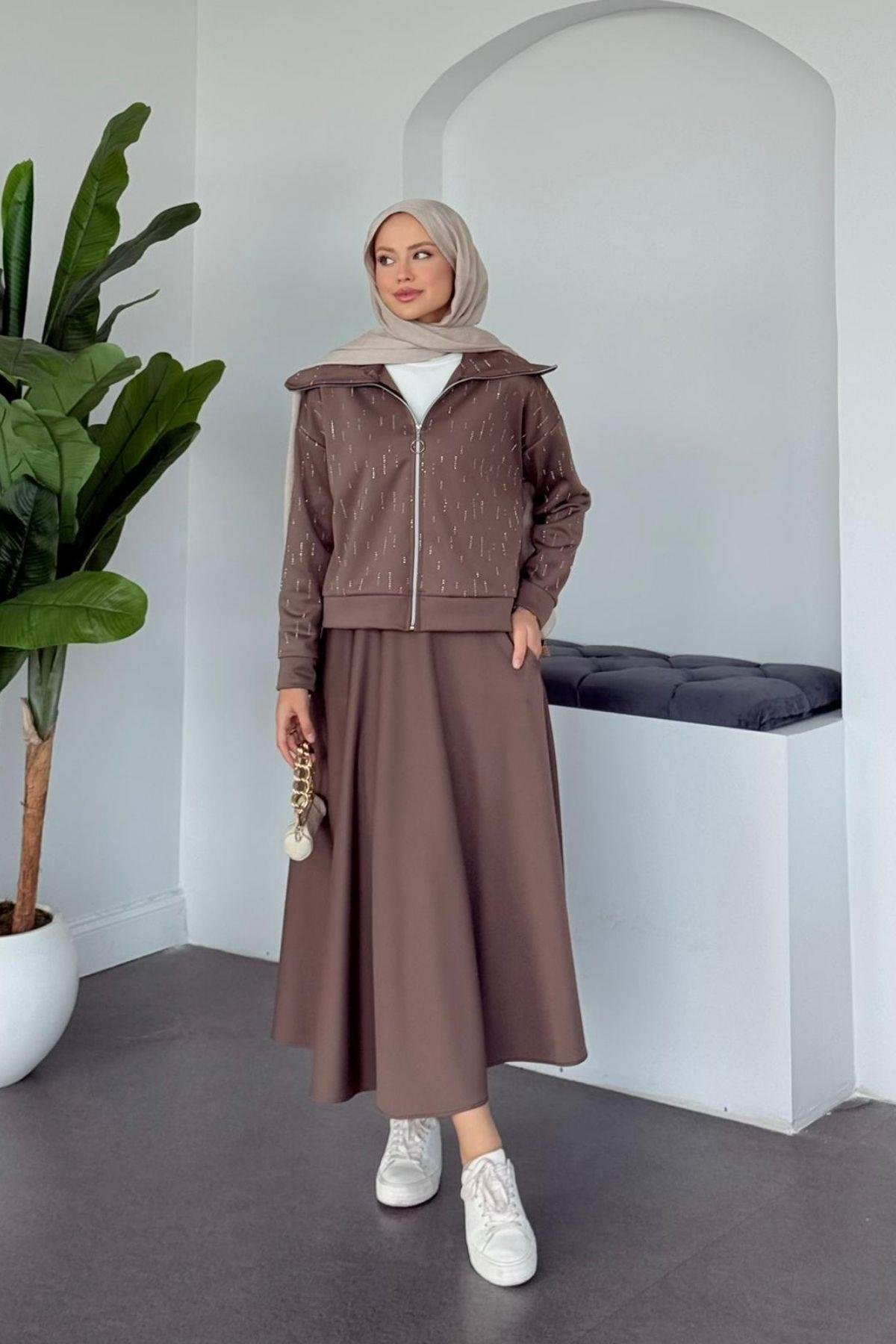 Maya Taşlı Etekli Takım Vizon, Fiyatları Maya Taşlı Etekli Takım Vizon Haza Moda 