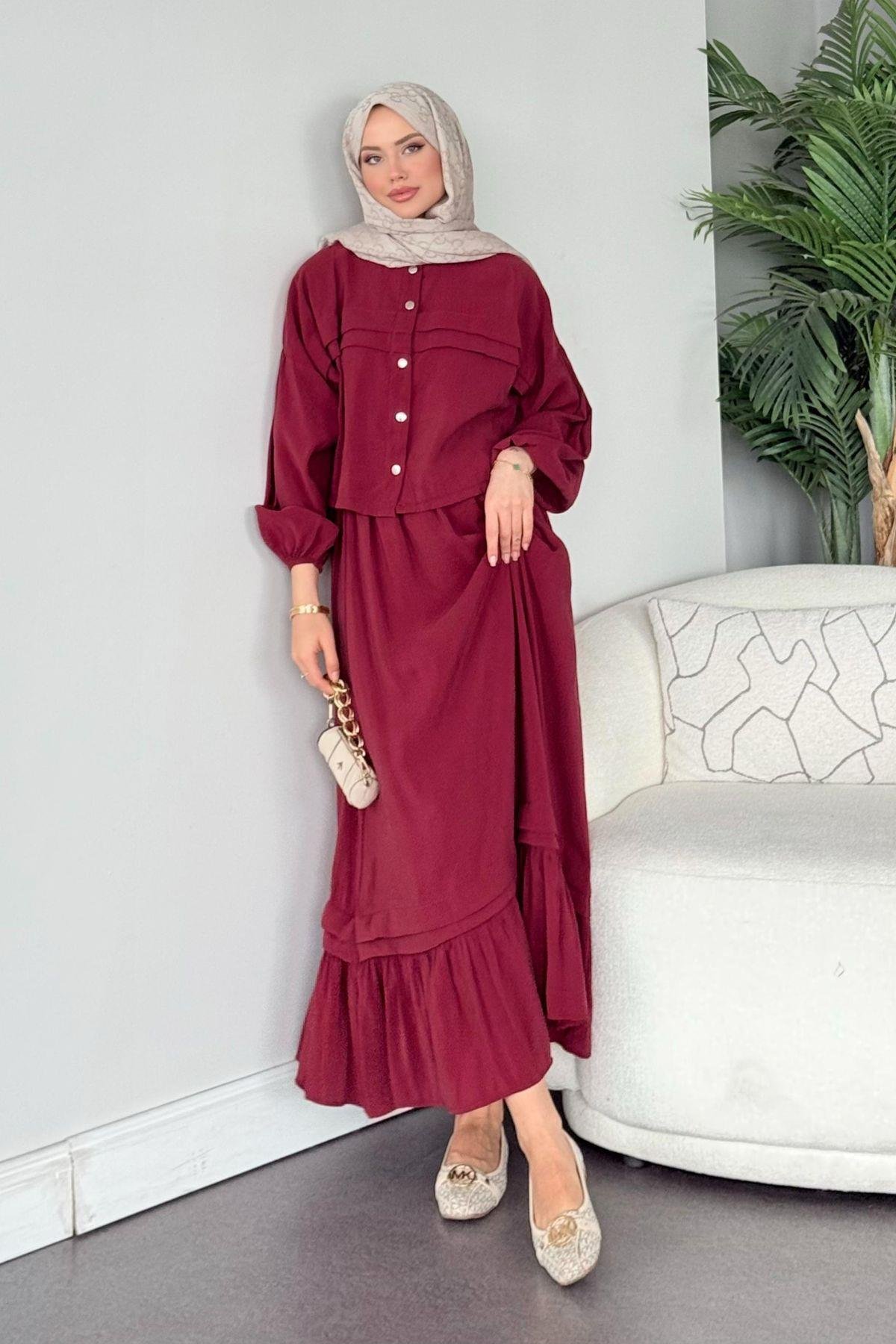 Melike Etekli Takım Bordo, Fiyatları Melike Etekli Takım Bordo - Haza Moda 