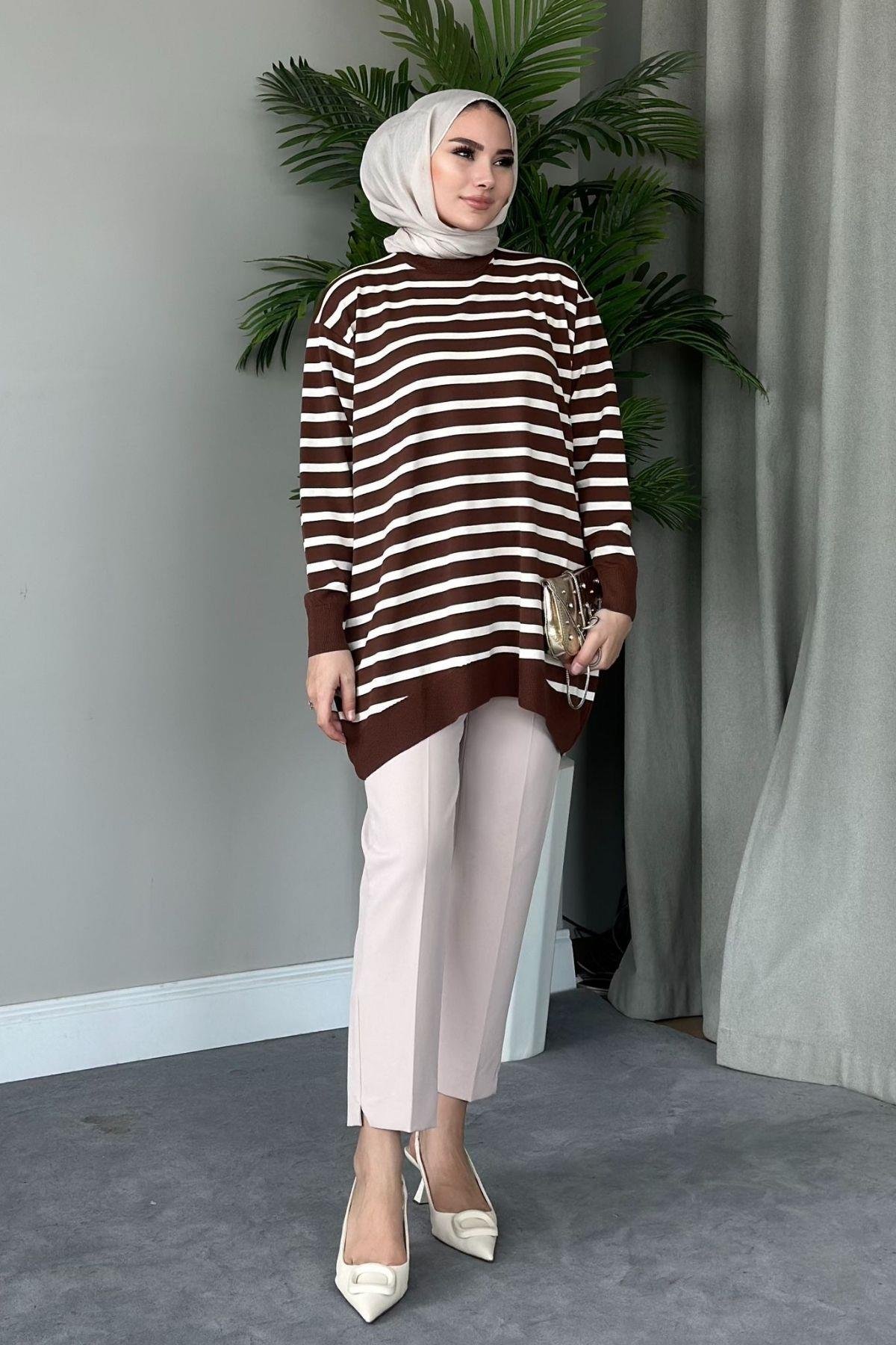 Merserize Çizgili Tunik Kahve, Fiyatları 