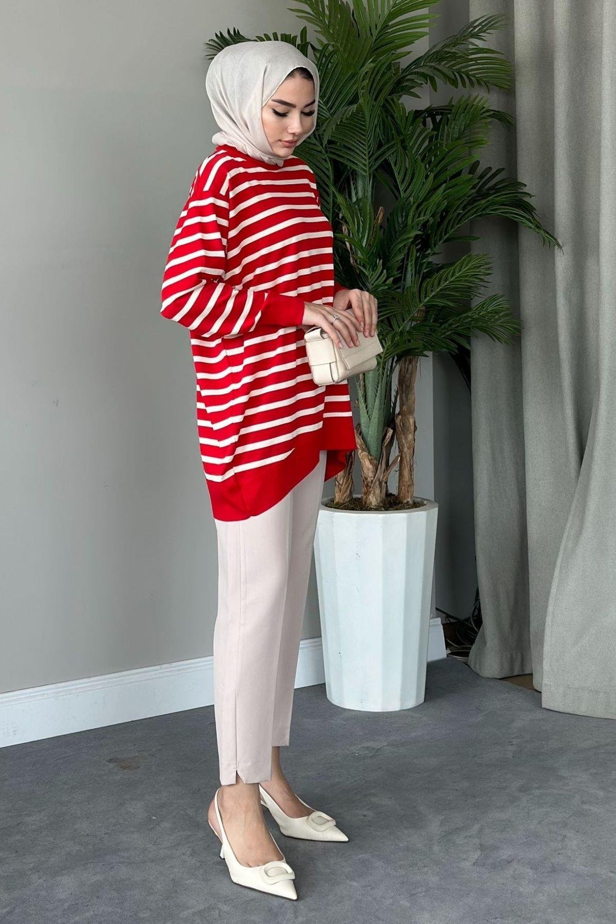 Merserize Çizgili Tunik Kırmızı, Fiyatları 