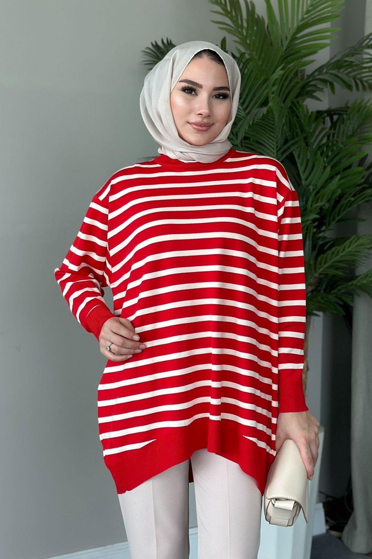 Merserize Çizgili Tunik Kırmızı, Fiyatları 