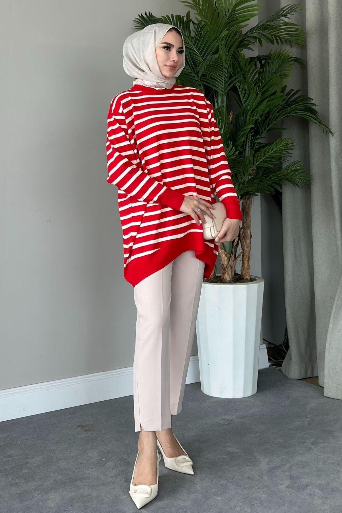 Merserize Çizgili Tunik Kırmızı, Fiyatları 