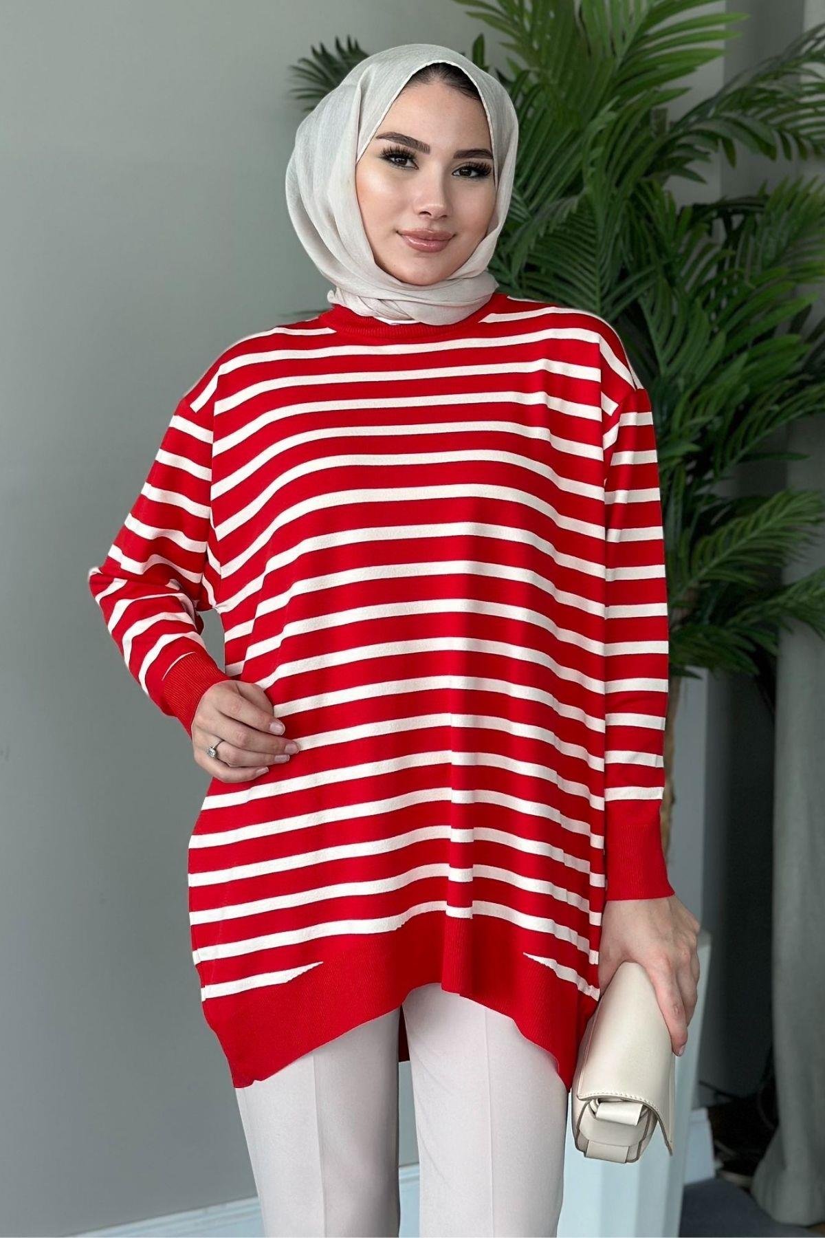 Merserize Çizgili Tunik Kırmızı, Fiyatları 