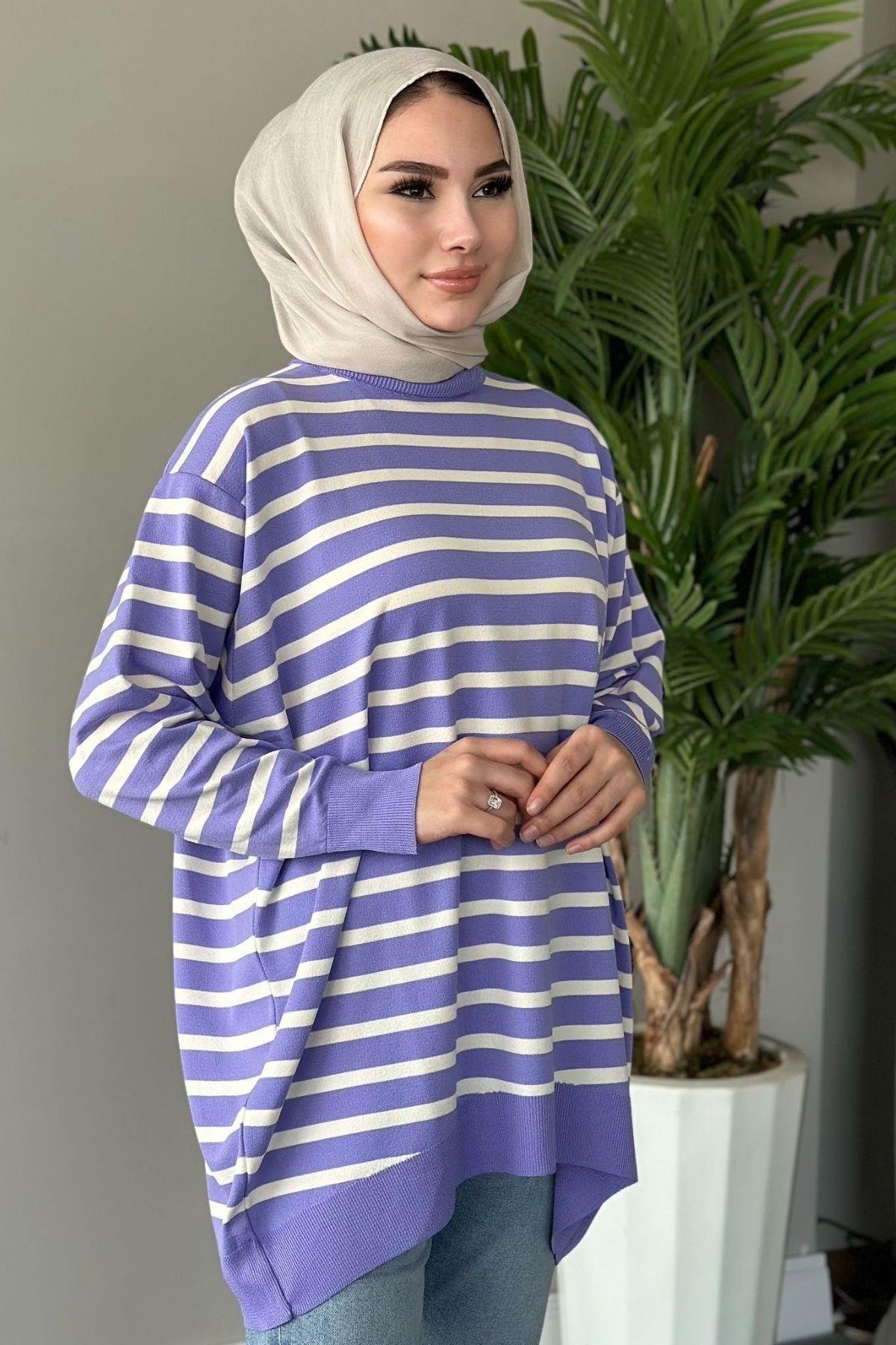 Merserize Çizgili Tunik Lila, Fiyatları 