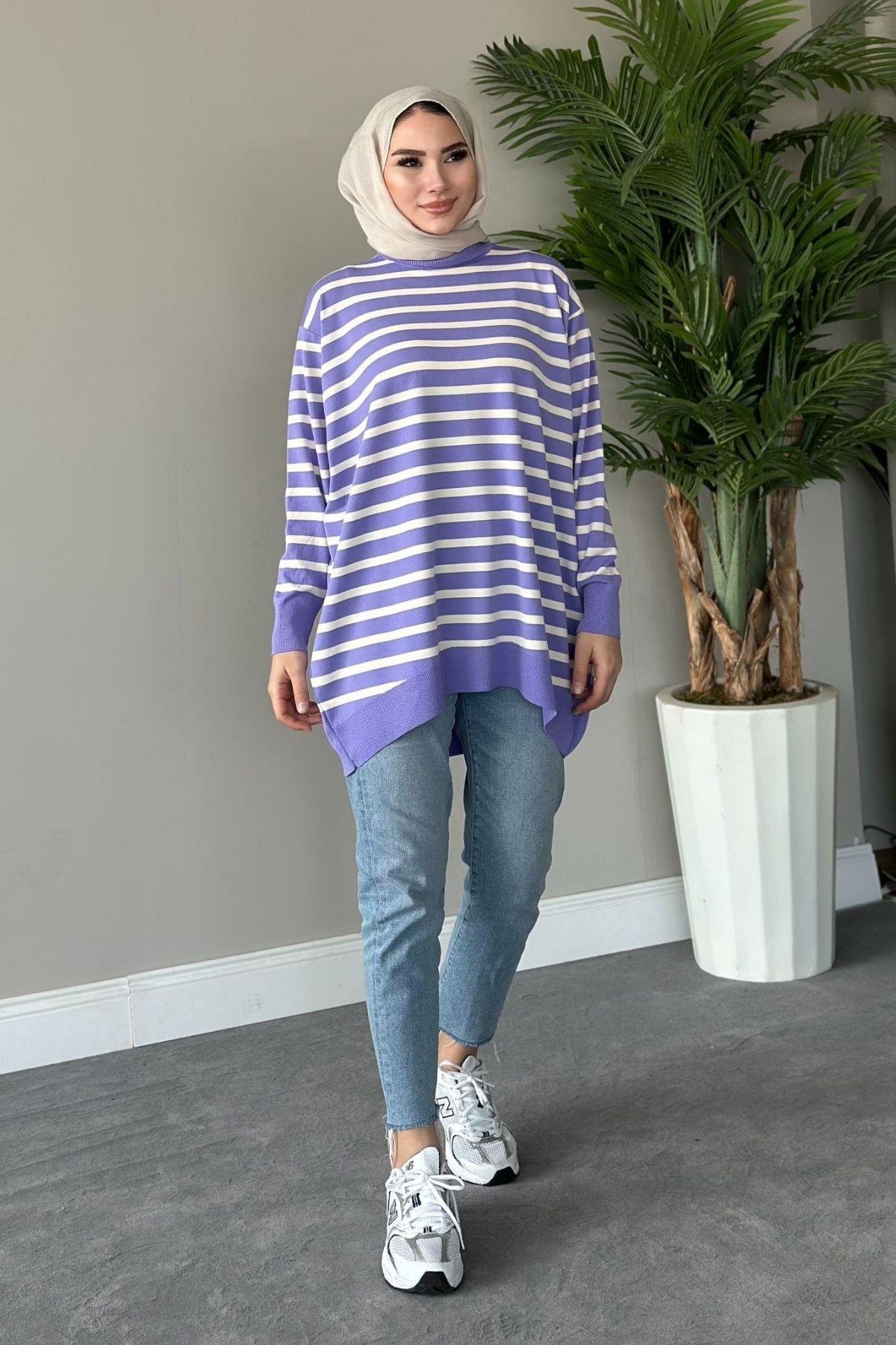 Merserize Çizgili Tunik Lila, Fiyatları 