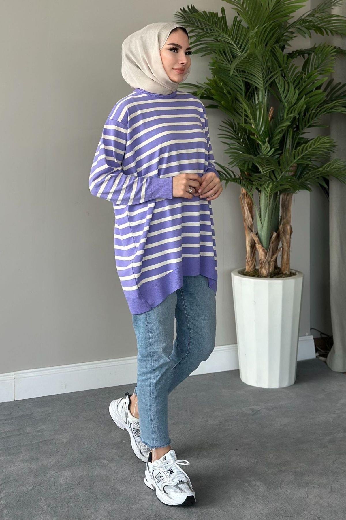 Merserize Çizgili Tunik Lila, Fiyatları 