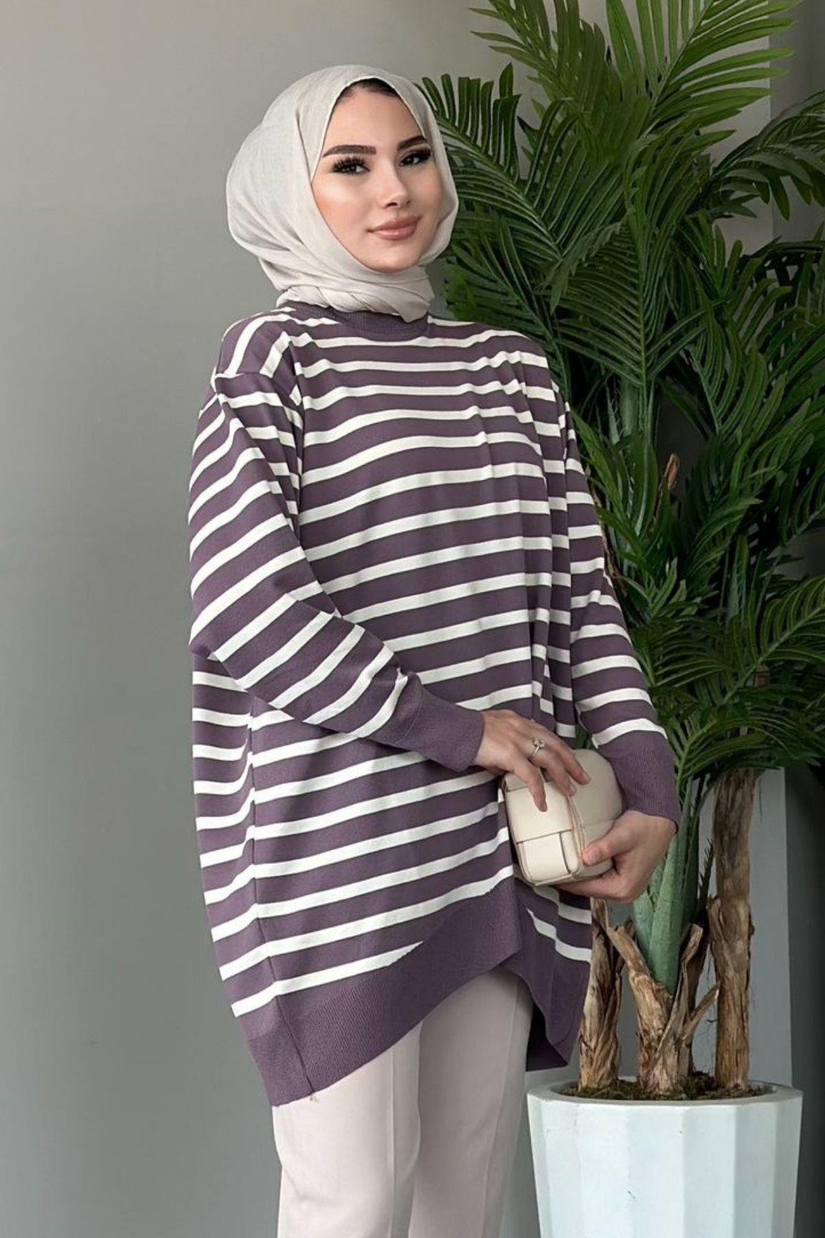 Merserize Çizgili Tunik Mürdüm, Fiyatları 