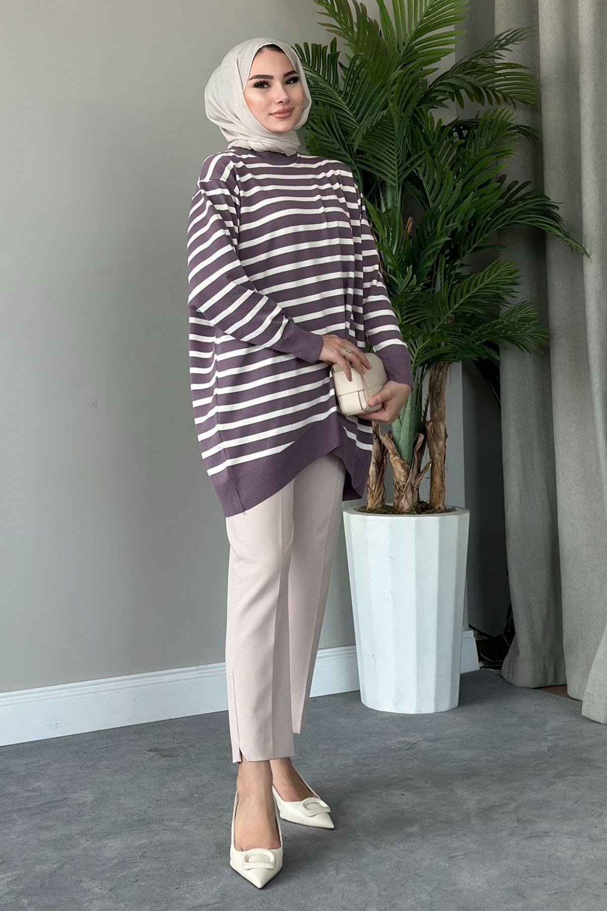 Merserize Çizgili Tunik Mürdüm, Fiyatları 