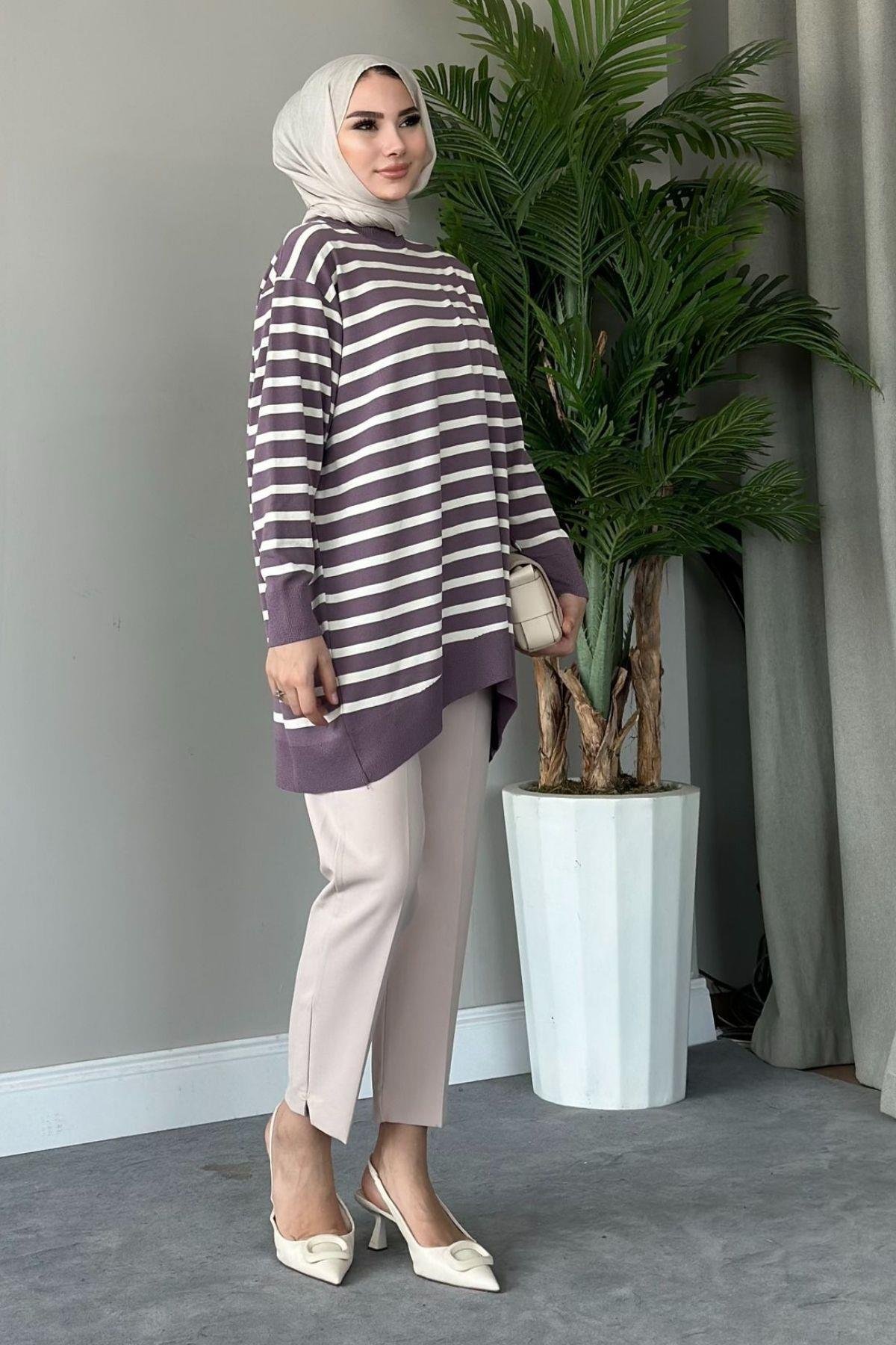 Merserize Çizgili Tunik Mürdüm, Fiyatları 