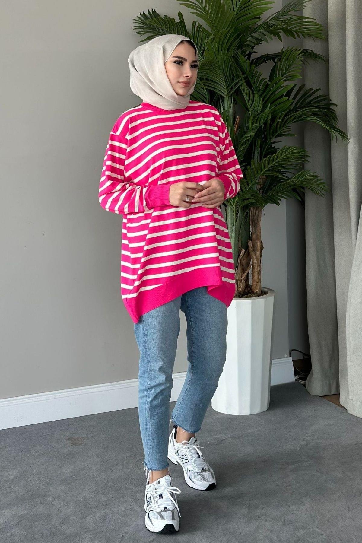 Merserize Çizgili Tunik Pembe, Fiyatları 