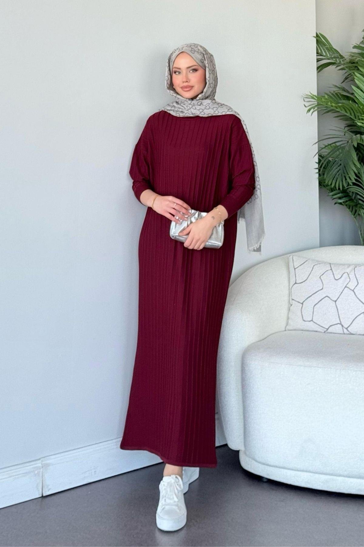 Merserize Nur Elbise Bordo, Fiyatları Merserize Nur Elbise Bordo - Haza Moda 