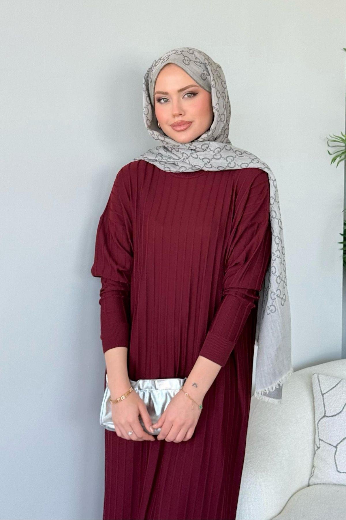 Merserize Nur Elbise Bordo, Fiyatları Merserize Nur Elbise Bordo - Haza Moda 