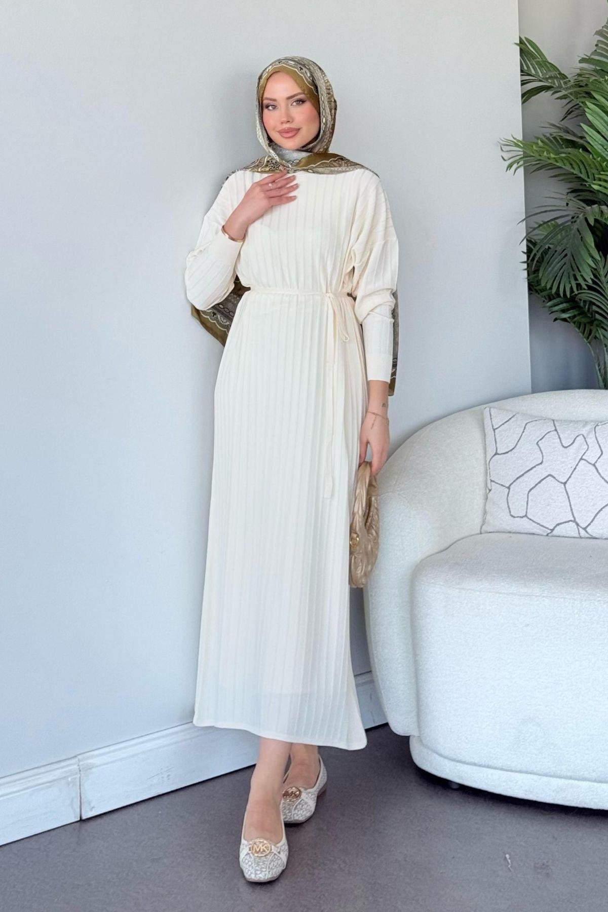 Merserize Nur Elbise Ekru, Fiyatları Merserize Nur Elbise Ekru - Haza Moda 