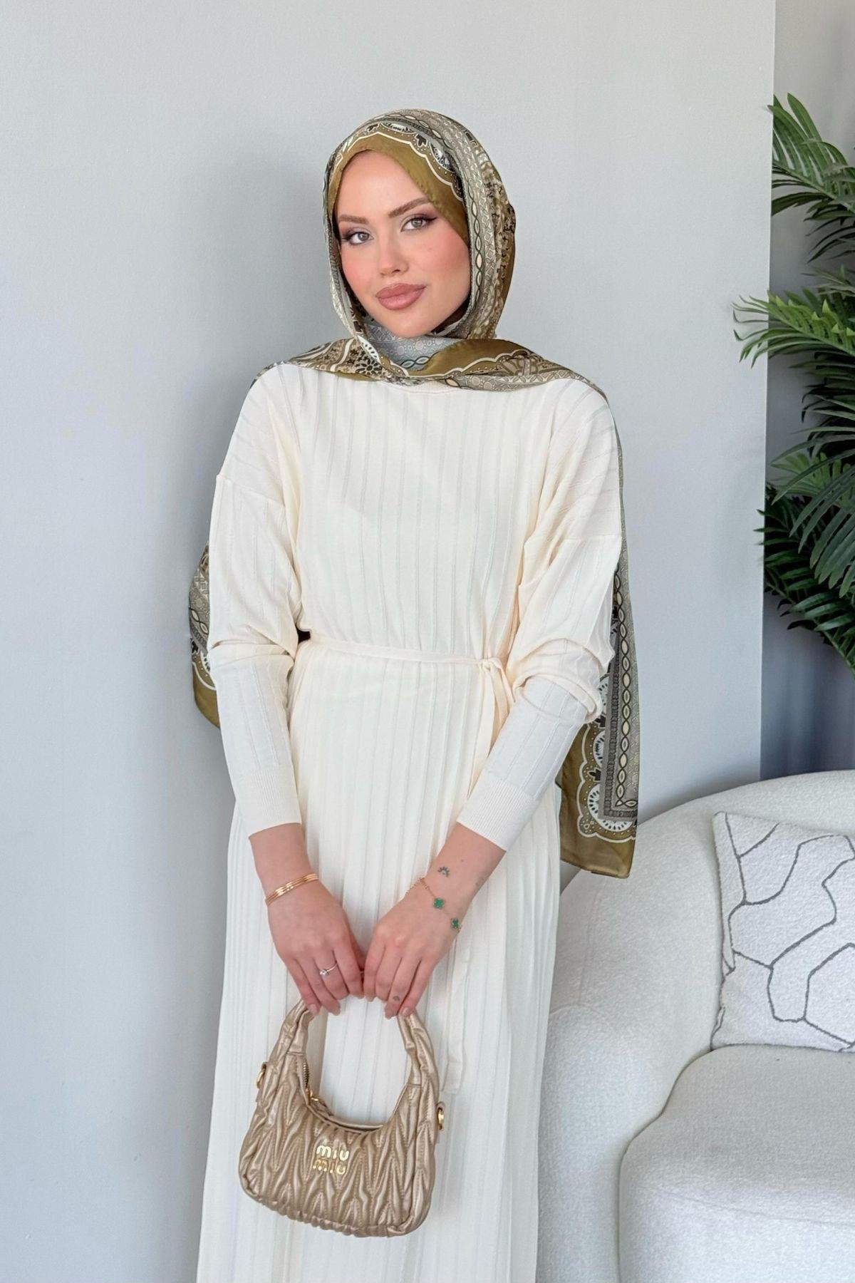 Merserize Nur Elbise Ekru, Fiyatları Merserize Nur Elbise Ekru - Haza Moda 