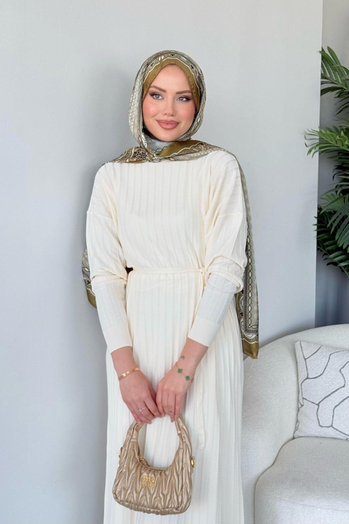 Merserize Nur Elbise Ekru, Fiyatları Merserize Nur Elbise Ekru - Haza Moda 