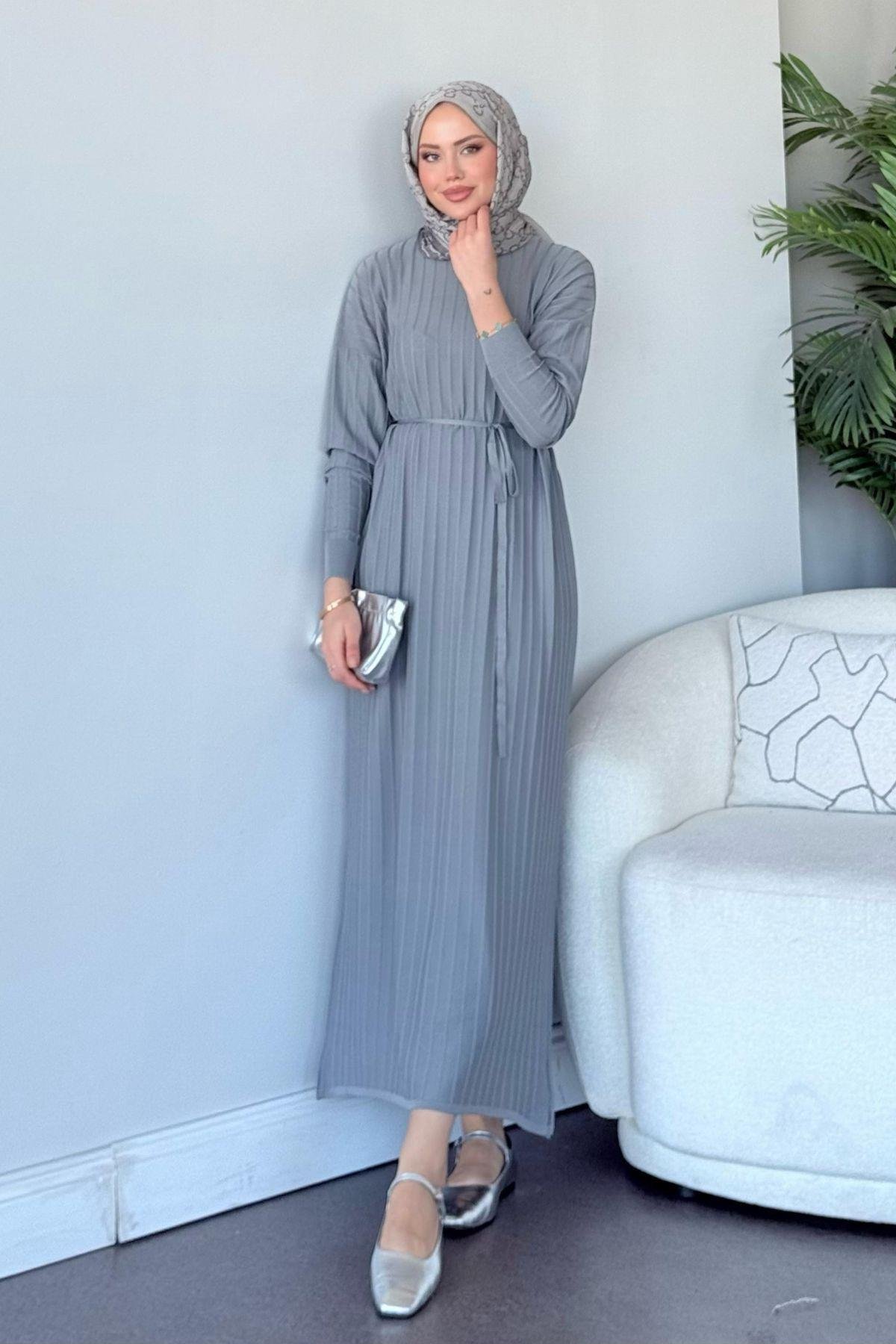 Merserize Nur Elbise Gri, Fiyatları Merserize Nur Elbise Gri - Haza Moda 