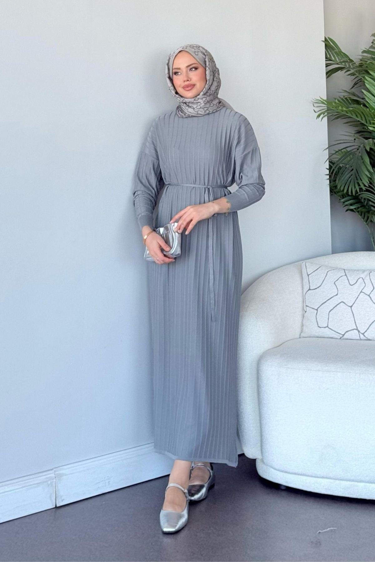 Merserize Nur Elbise Gri, Fiyatları Merserize Nur Elbise Gri - Haza Moda 