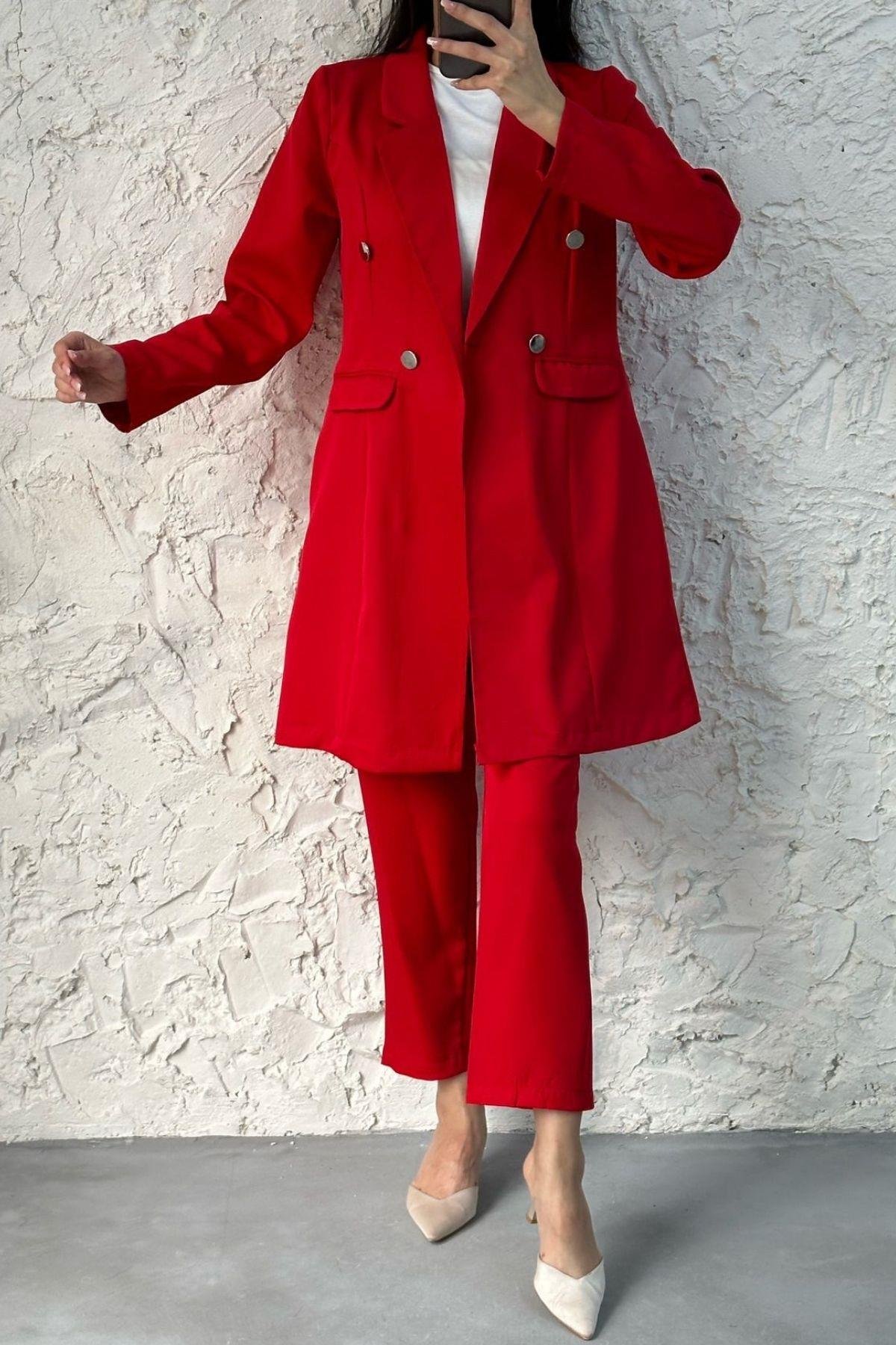 Metal Düğmeli Ceketli Takım Kırmızı, Fiyatları 