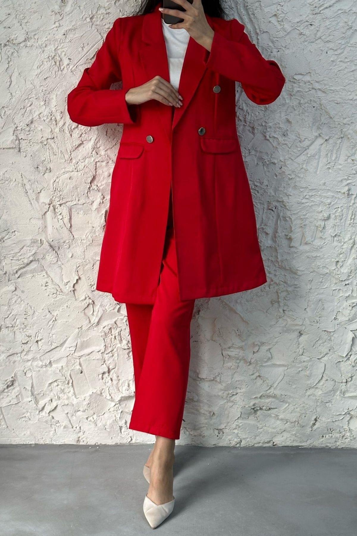 Metal Düğmeli Ceketli Takım Kırmızı, Fiyatları 