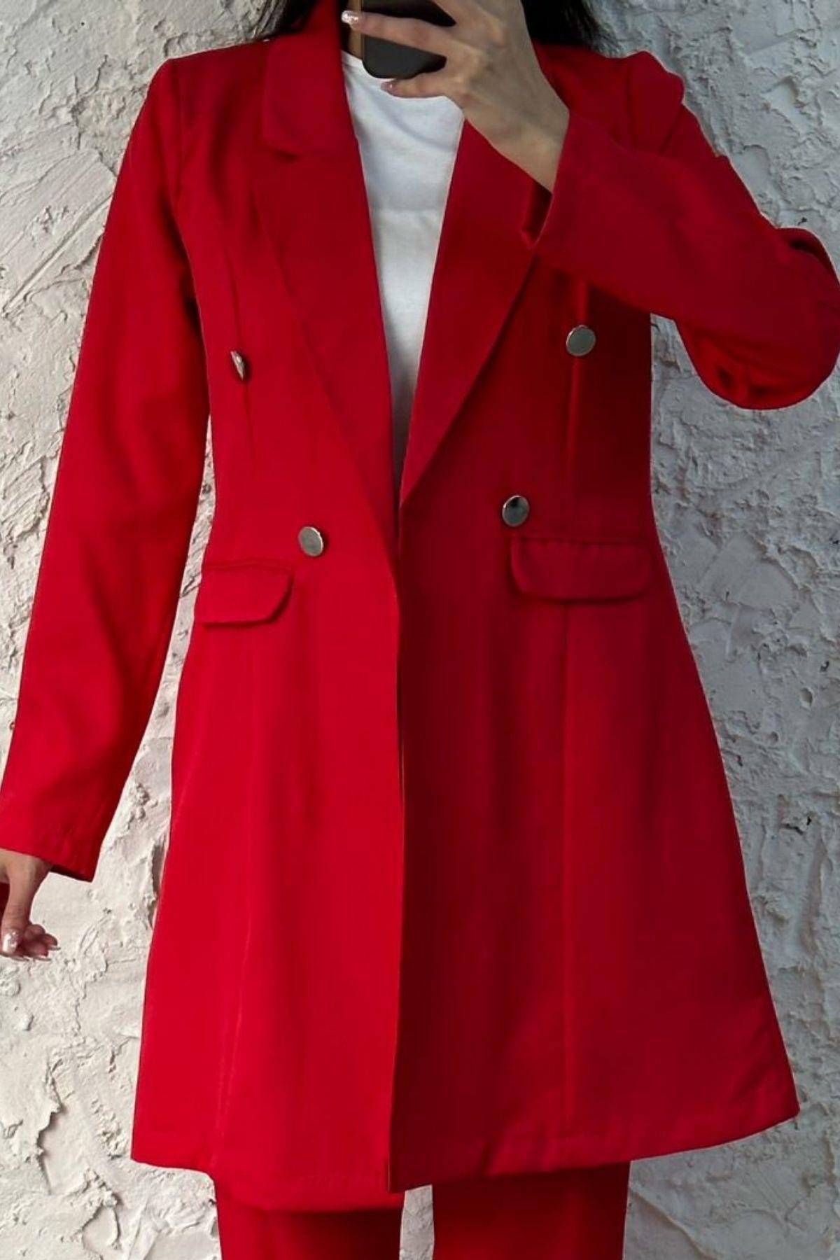 Metal Düğmeli Ceketli Takım Kırmızı, Fiyatları 