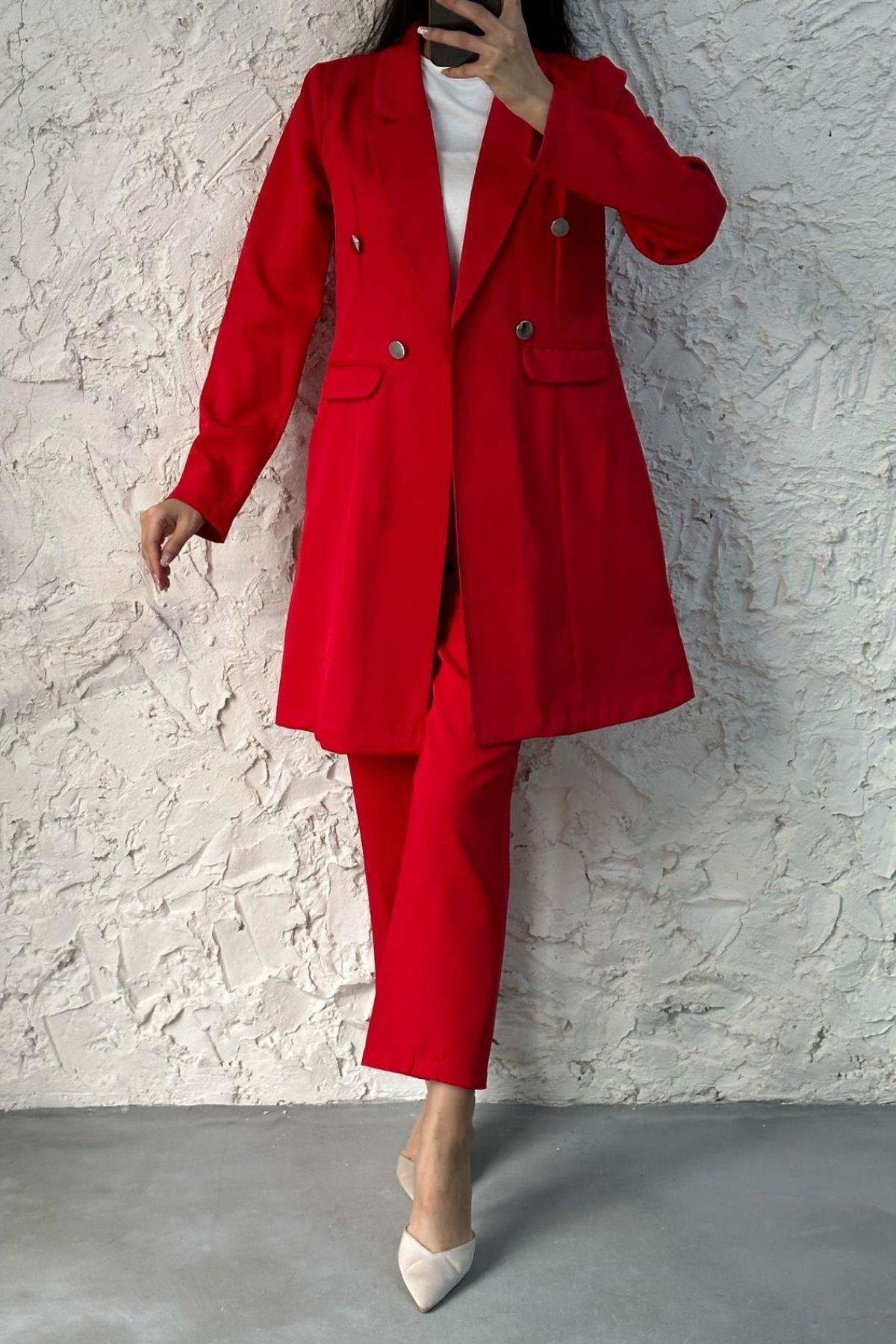 Metal Düğmeli Ceketli Takım Kırmızı, Fiyatları 