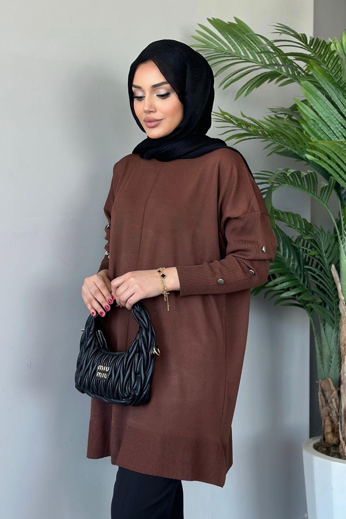 Metal Düğmeli Merserize Tunik Kahverengi, Fiyatları 