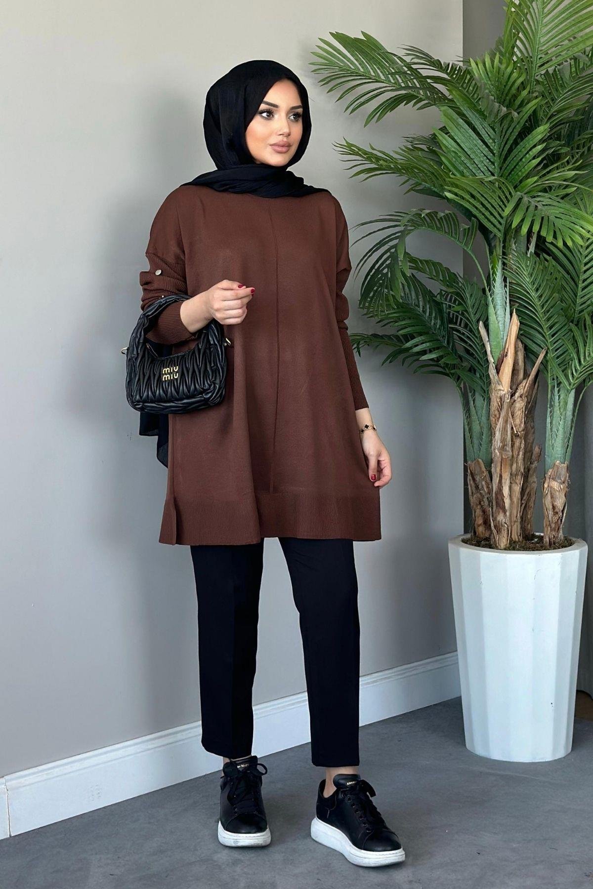 Metal Düğmeli Merserize Tunik Kahverengi, Fiyatları 