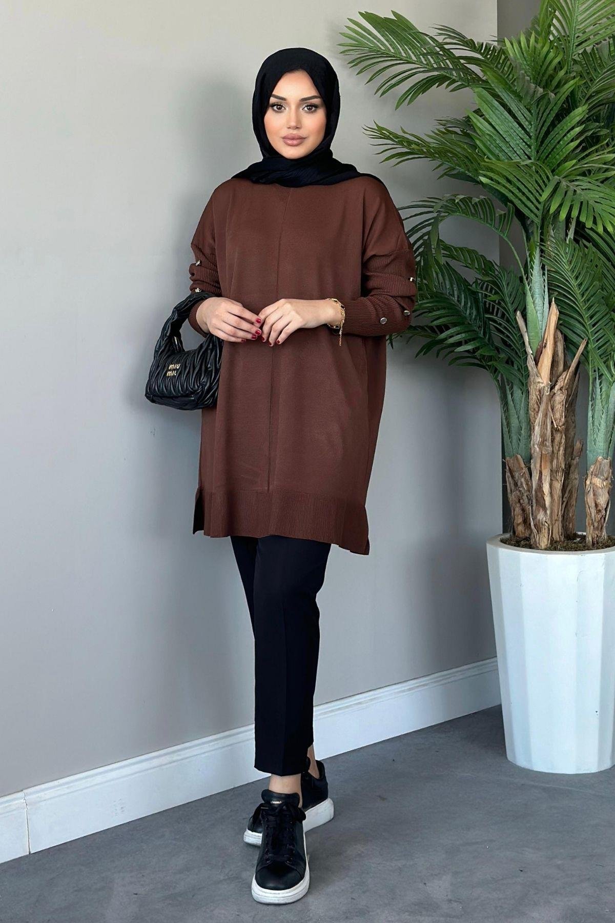 Metal Düğmeli Merserize Tunik Kahverengi, Fiyatları 