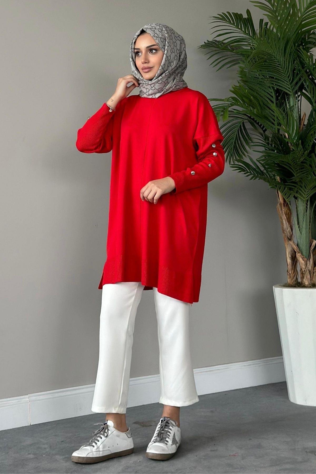 Metal Düğmeli Merserize Tunik Kırmızı, Fiyatları 