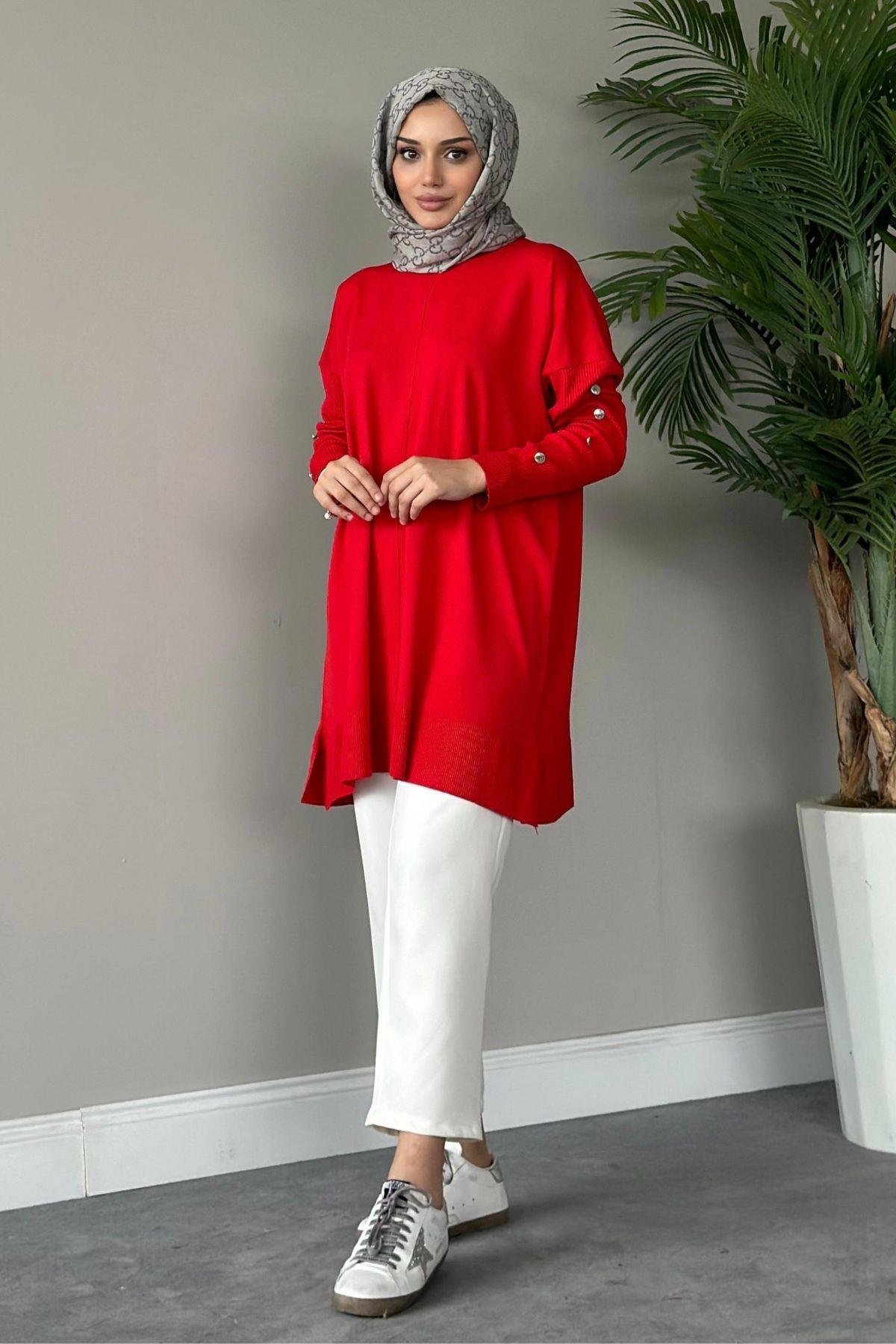 Metal Düğmeli Merserize Tunik Kırmızı, Fiyatları 