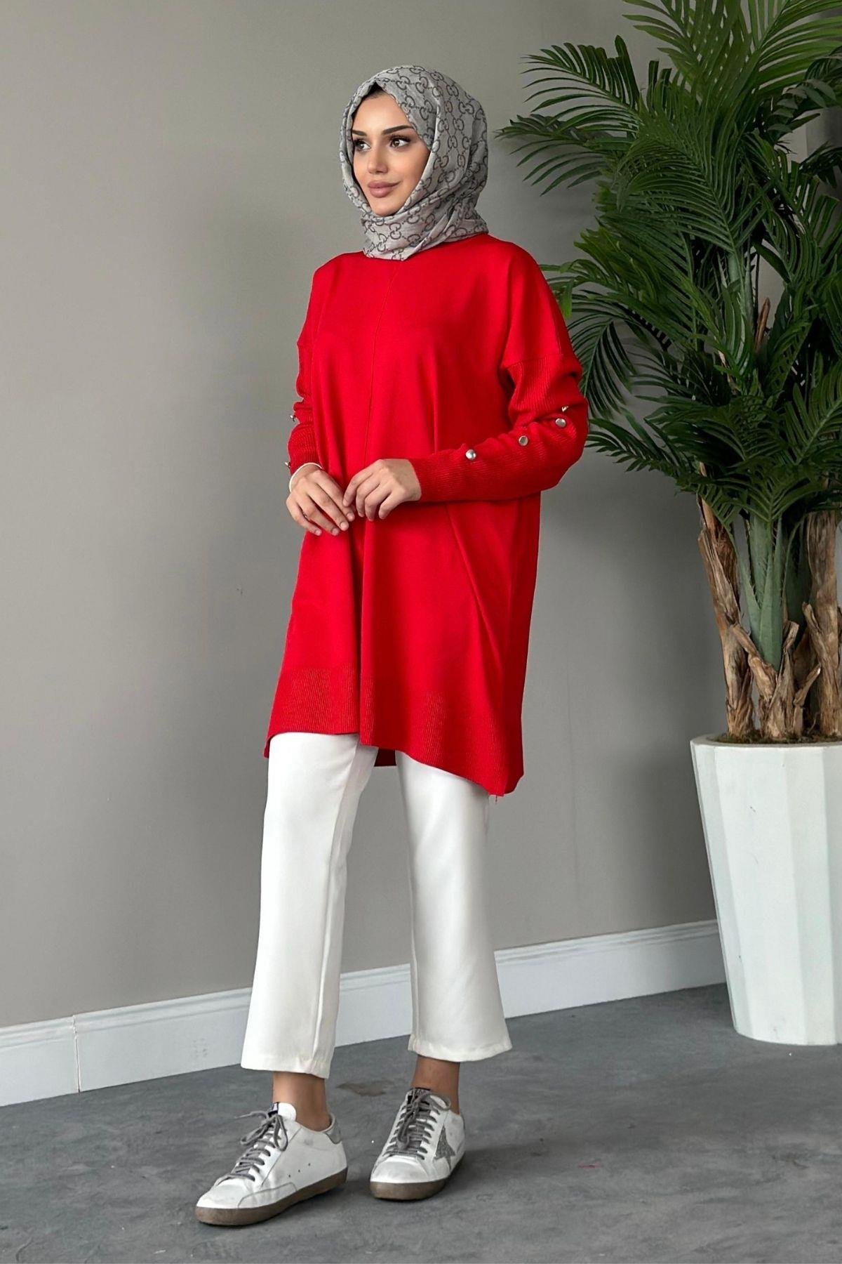 Metal Düğmeli Merserize Tunik Kırmızı, Fiyatları 