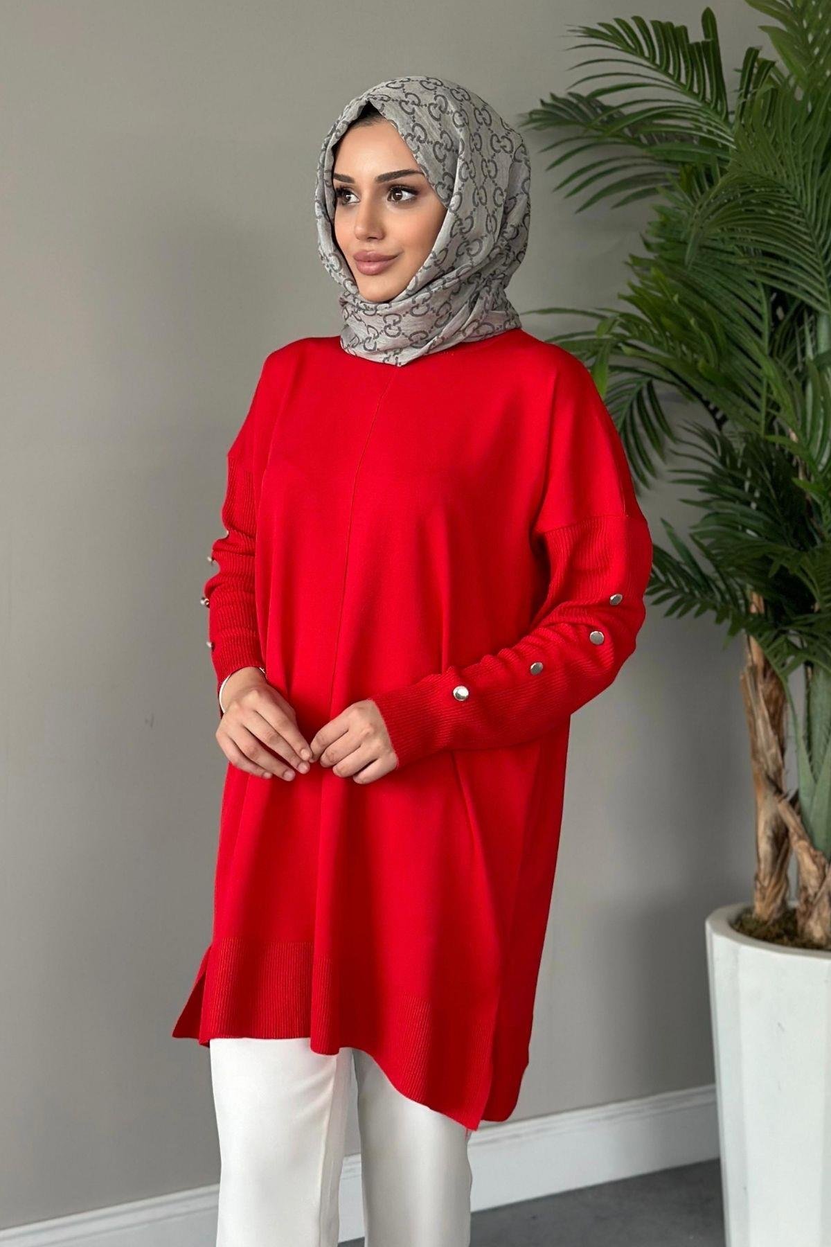 Metal Düğmeli Merserize Tunik Kırmızı, Fiyatları 
