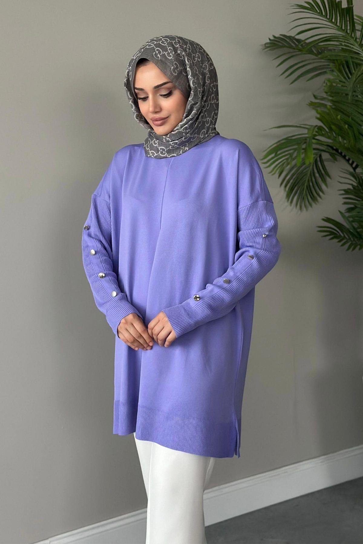 Metal Düğmeli Merserize Tunik Lila, Fiyatları 