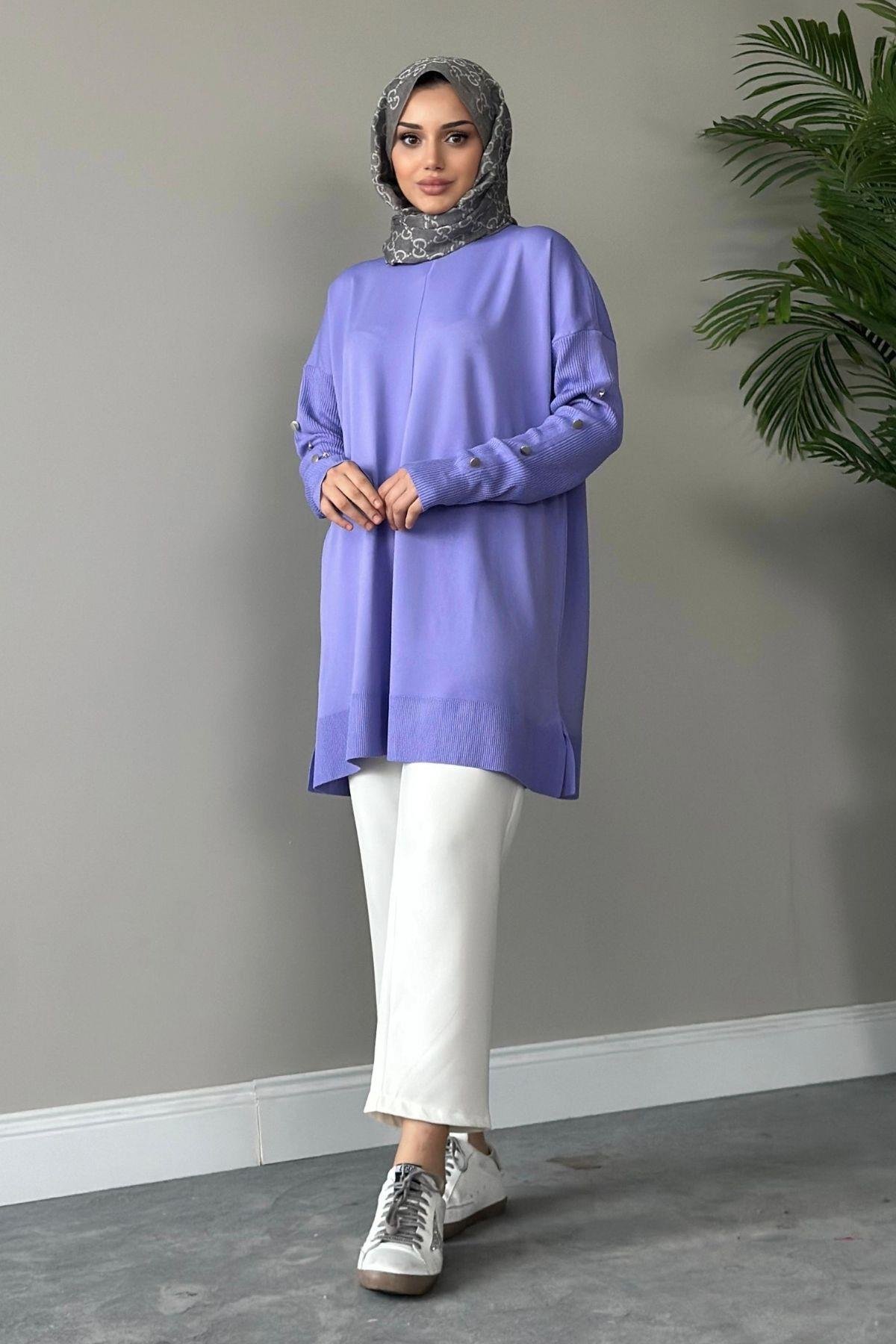 Metal Düğmeli Merserize Tunik Lila, Fiyatları 